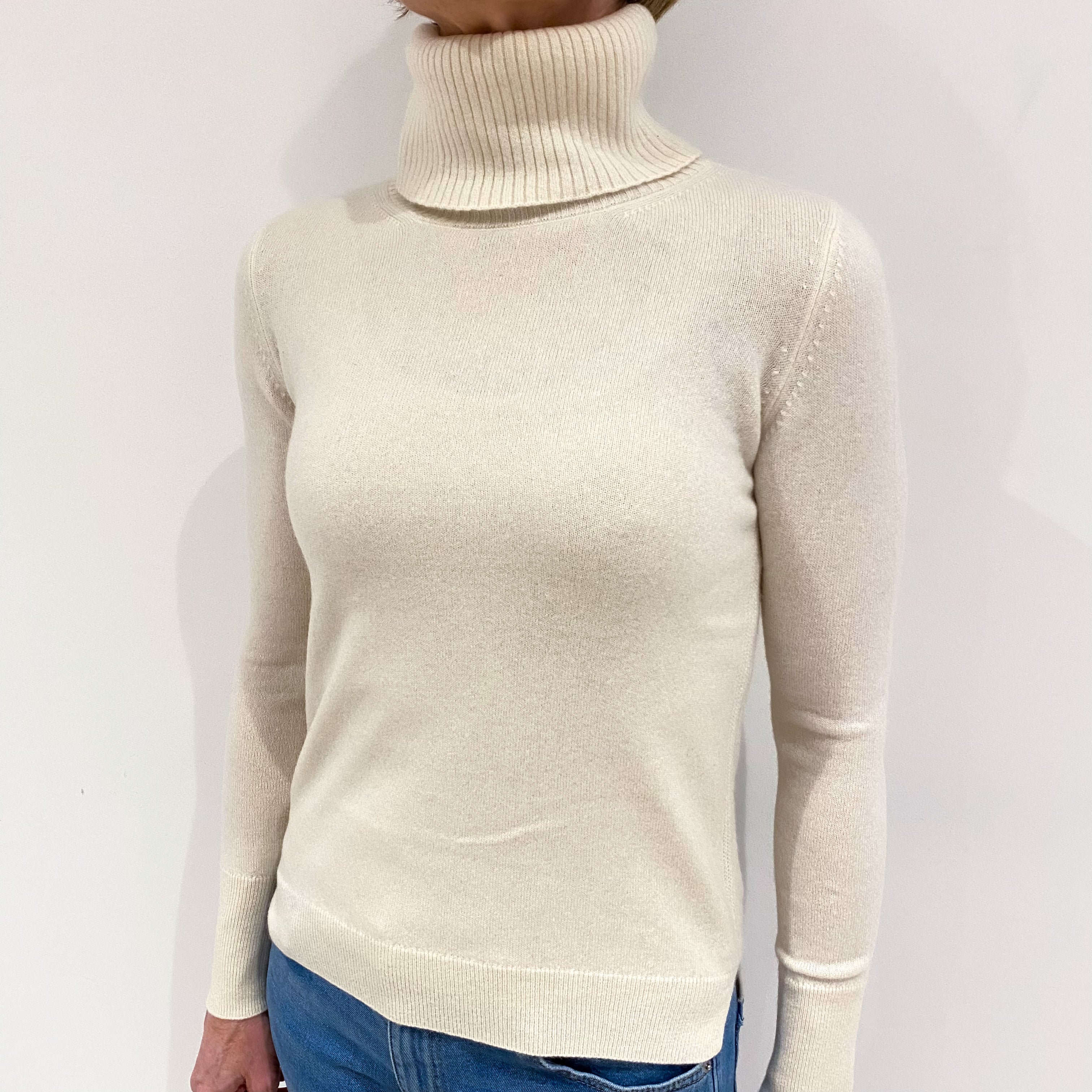 Vanilla Cream Cashmere Polo Neck Jumper Small