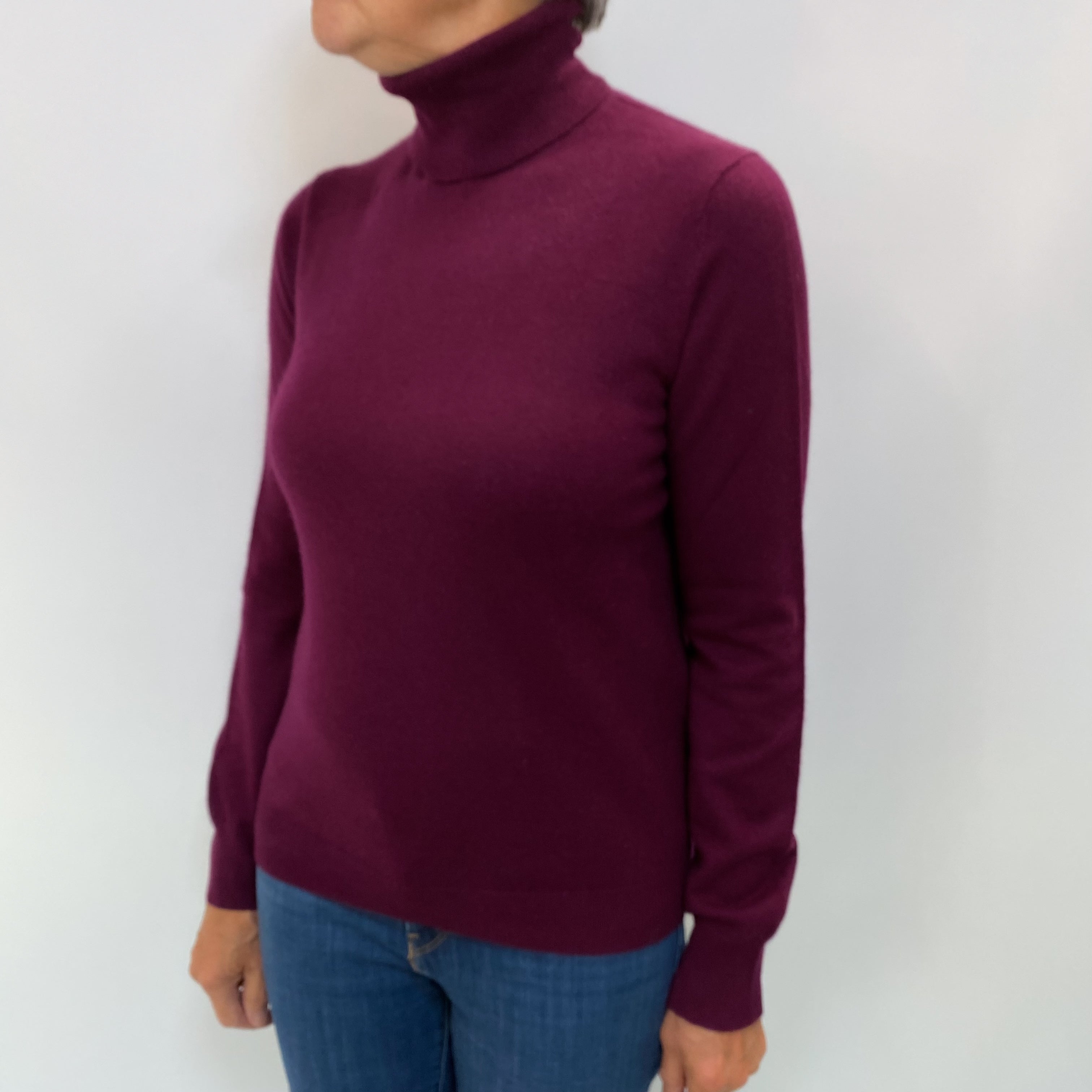 Aubergine Purple Cashmere Polo Neck Jumper Medium