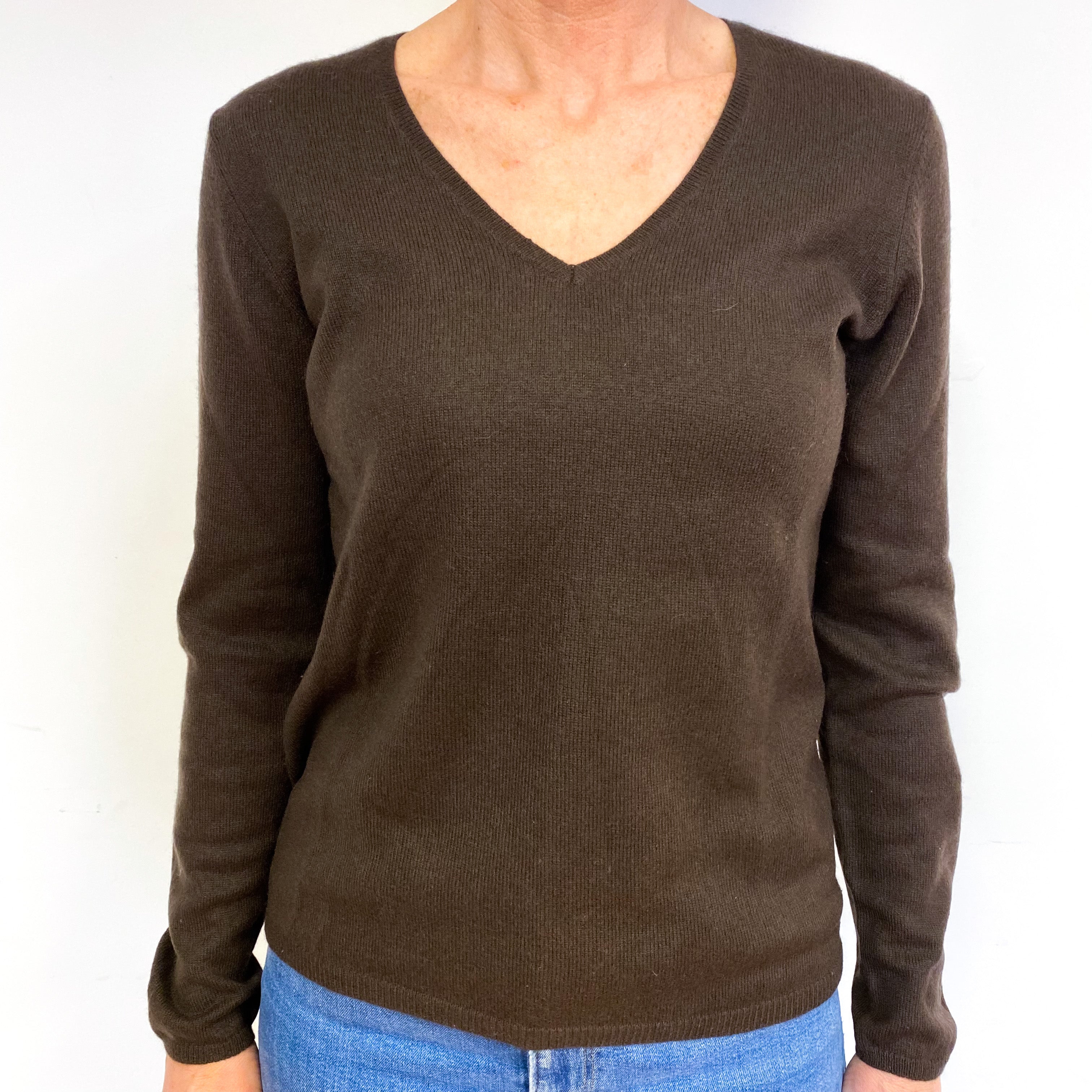 Chocolate Brown Cashmere V-Neck Jumper Medium