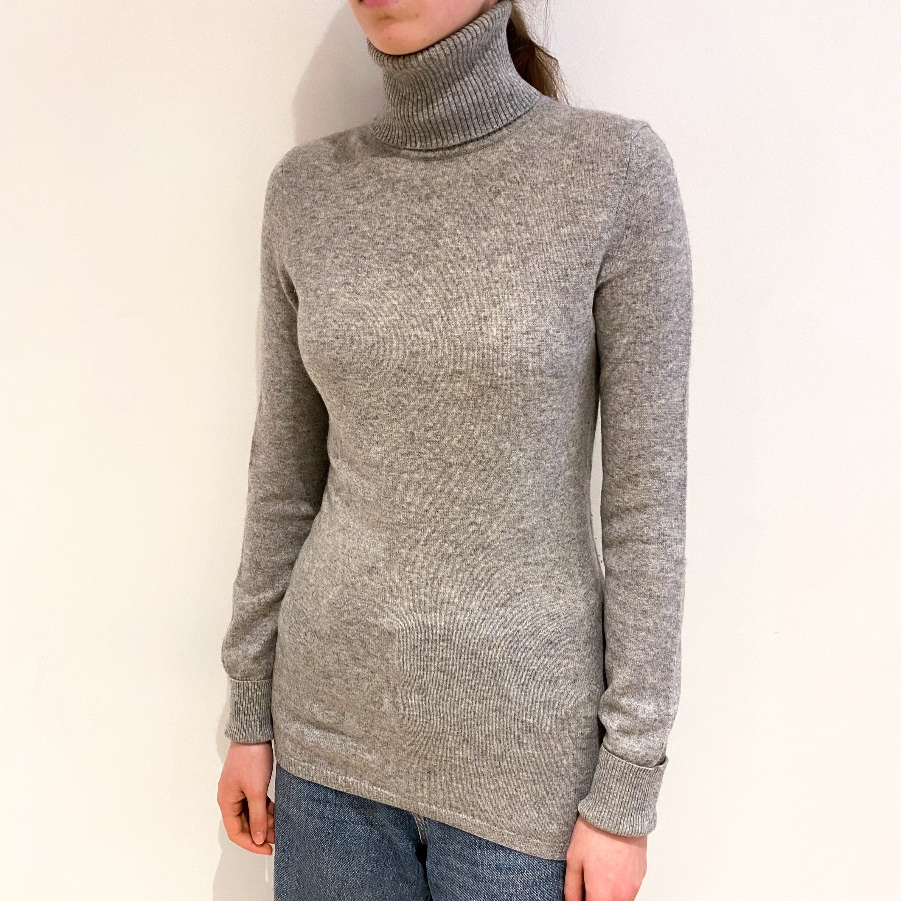 Smoke Grey Cashmere Longline Polo Neck Jumper Extra Small