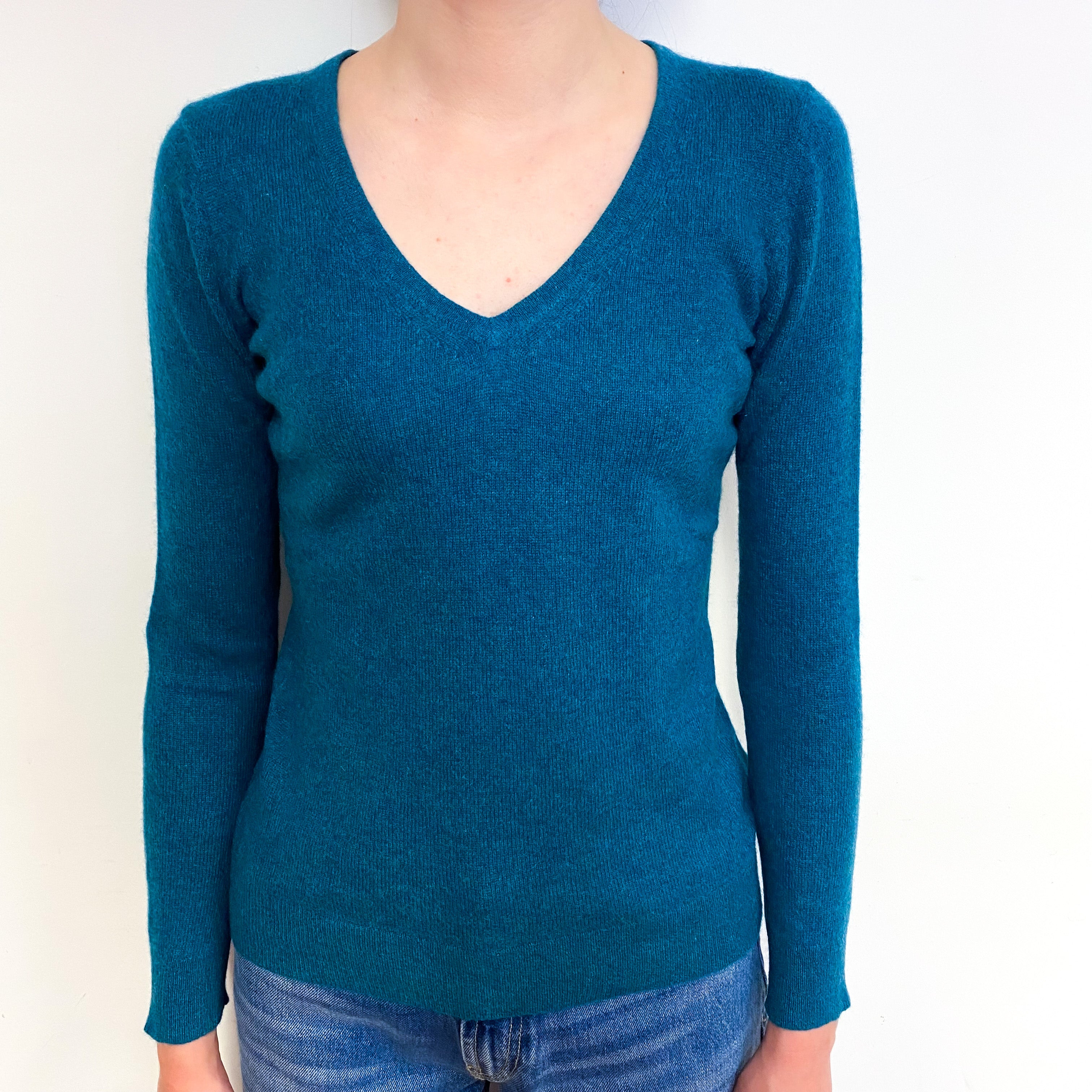 Peacock Blue Cashmere V-Neck Jumper Extra Small