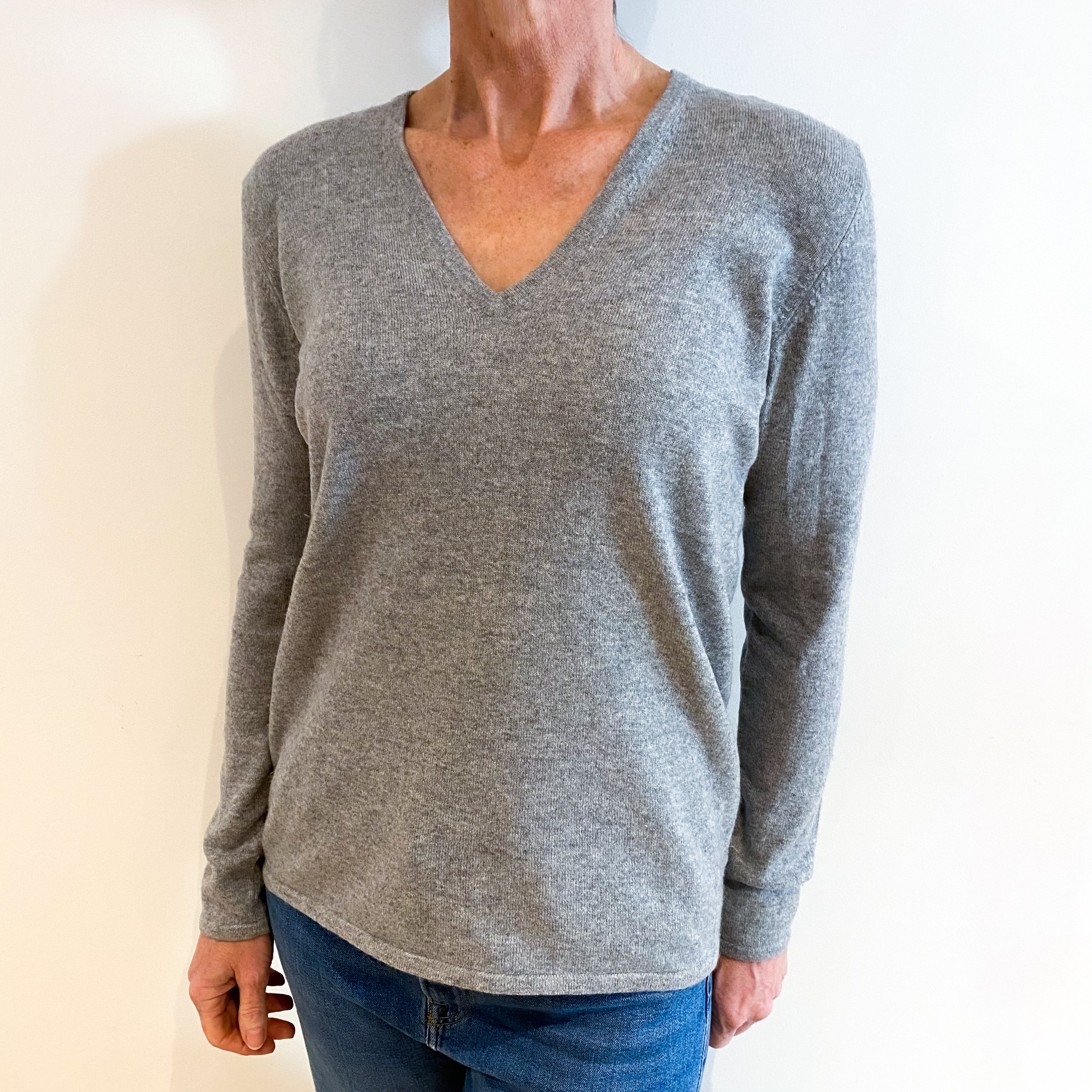 Smoke Grey Cashmere V Neck Jumper Small