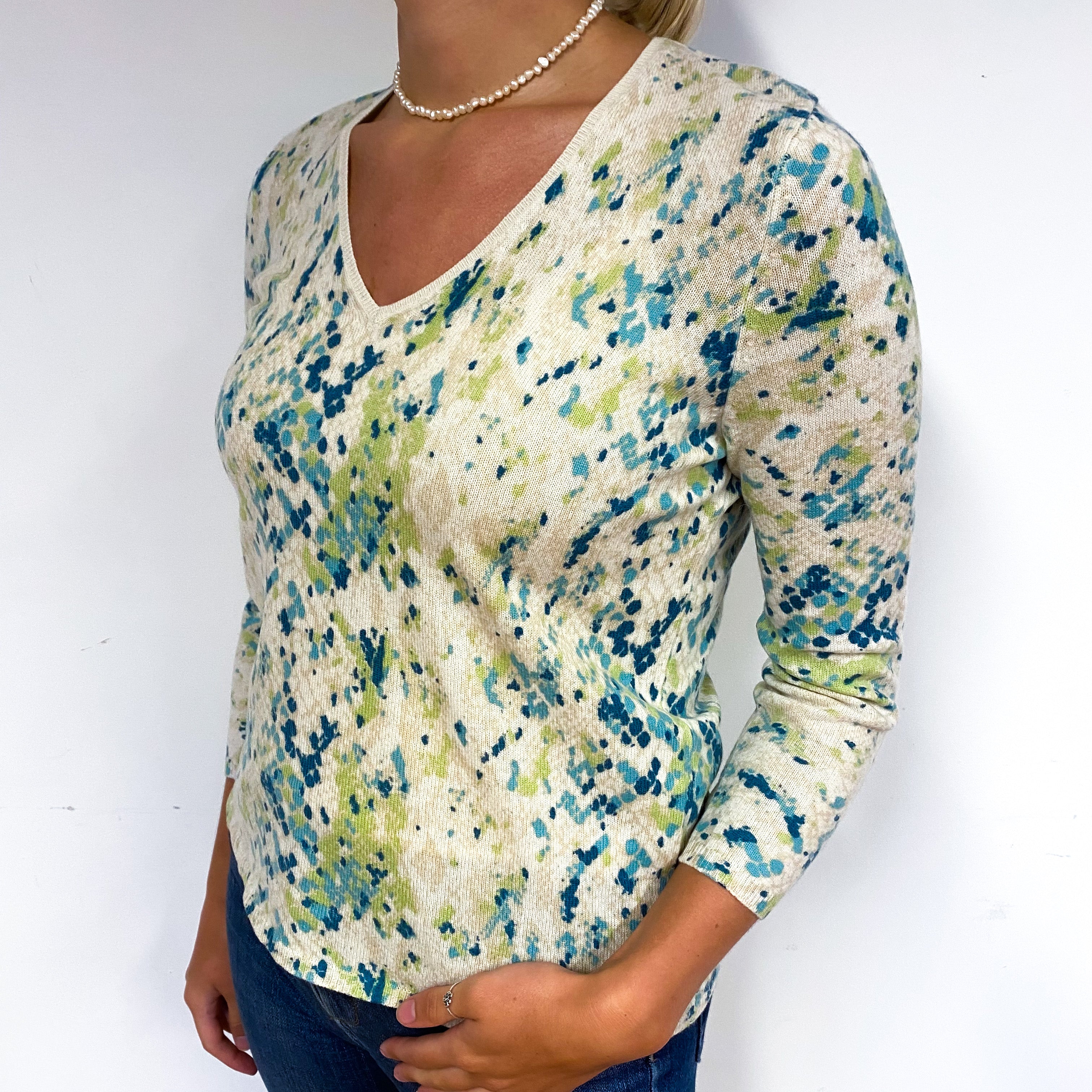 Cream Blue Splatter Pattern Cashmere V-Neck Jumper Small