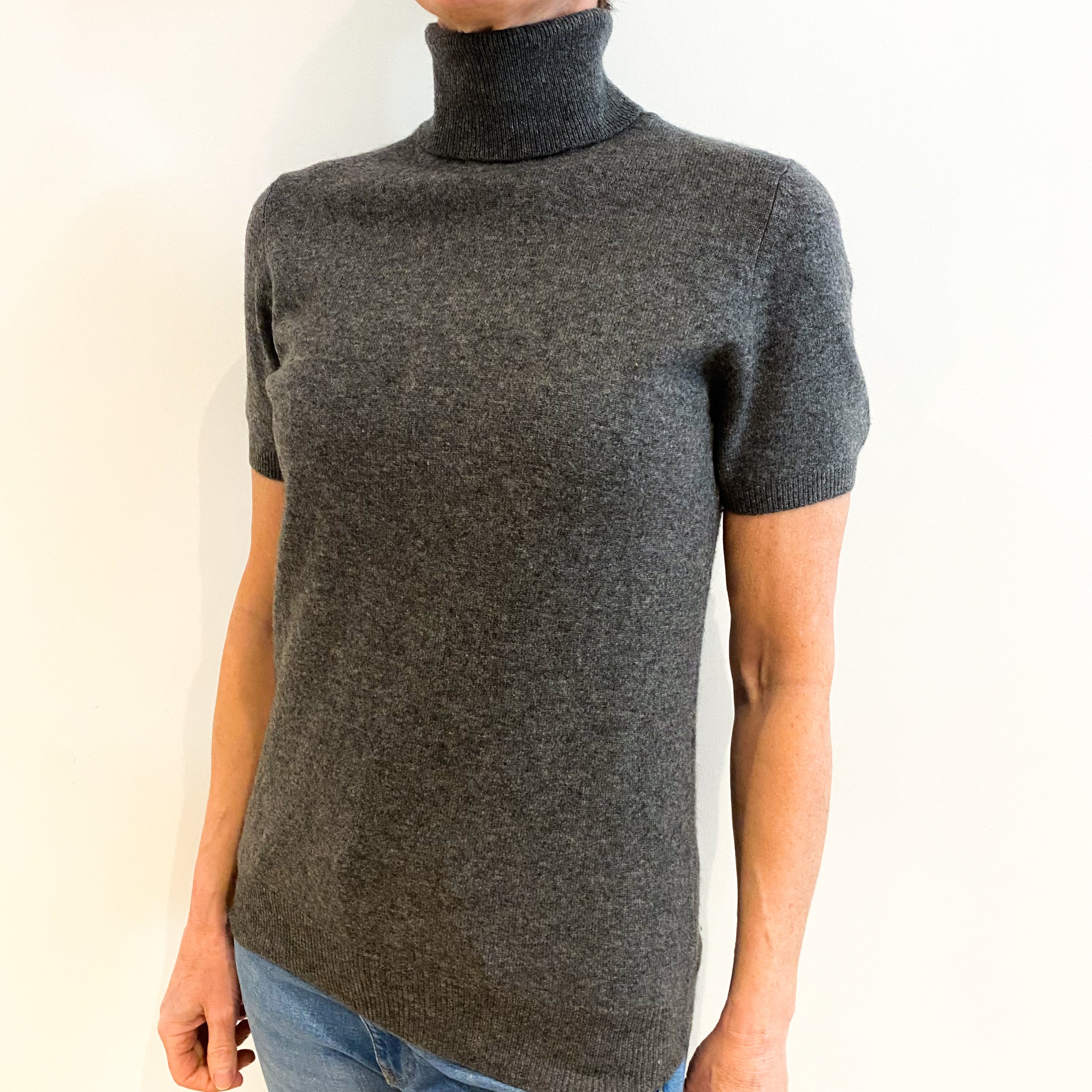 Slate Grey Cashmere Polo Neck Short Sleeved Jumper Small