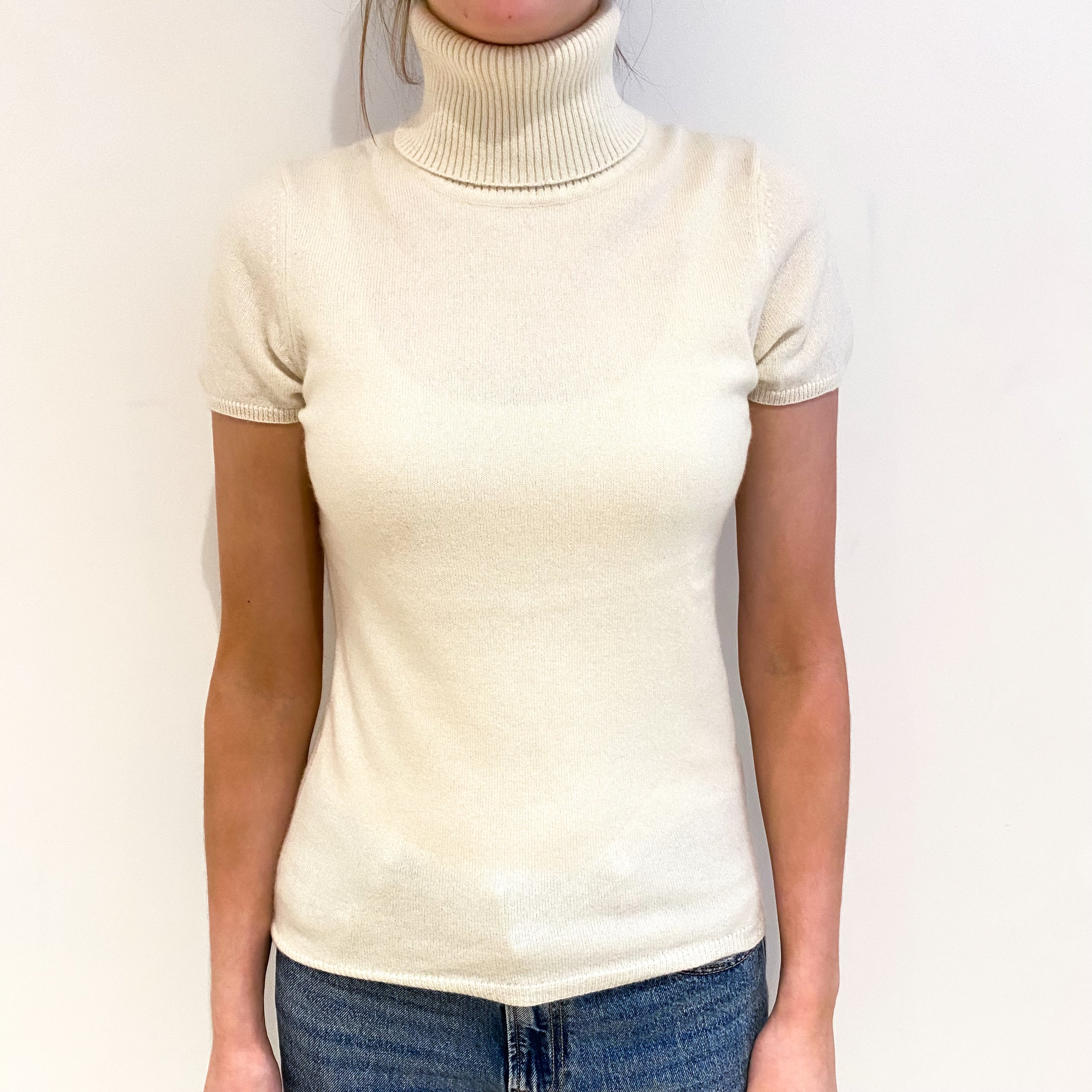 Vanilla Cream Cashmere Polo Neck Short Sleeved Jumper Extra Small