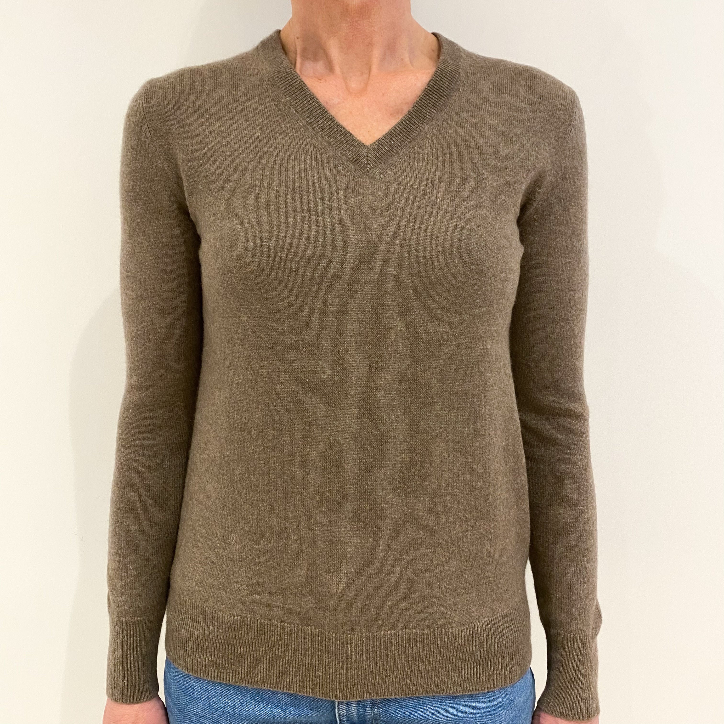 Taupe Brown Cashmere V Neck Jumper Small