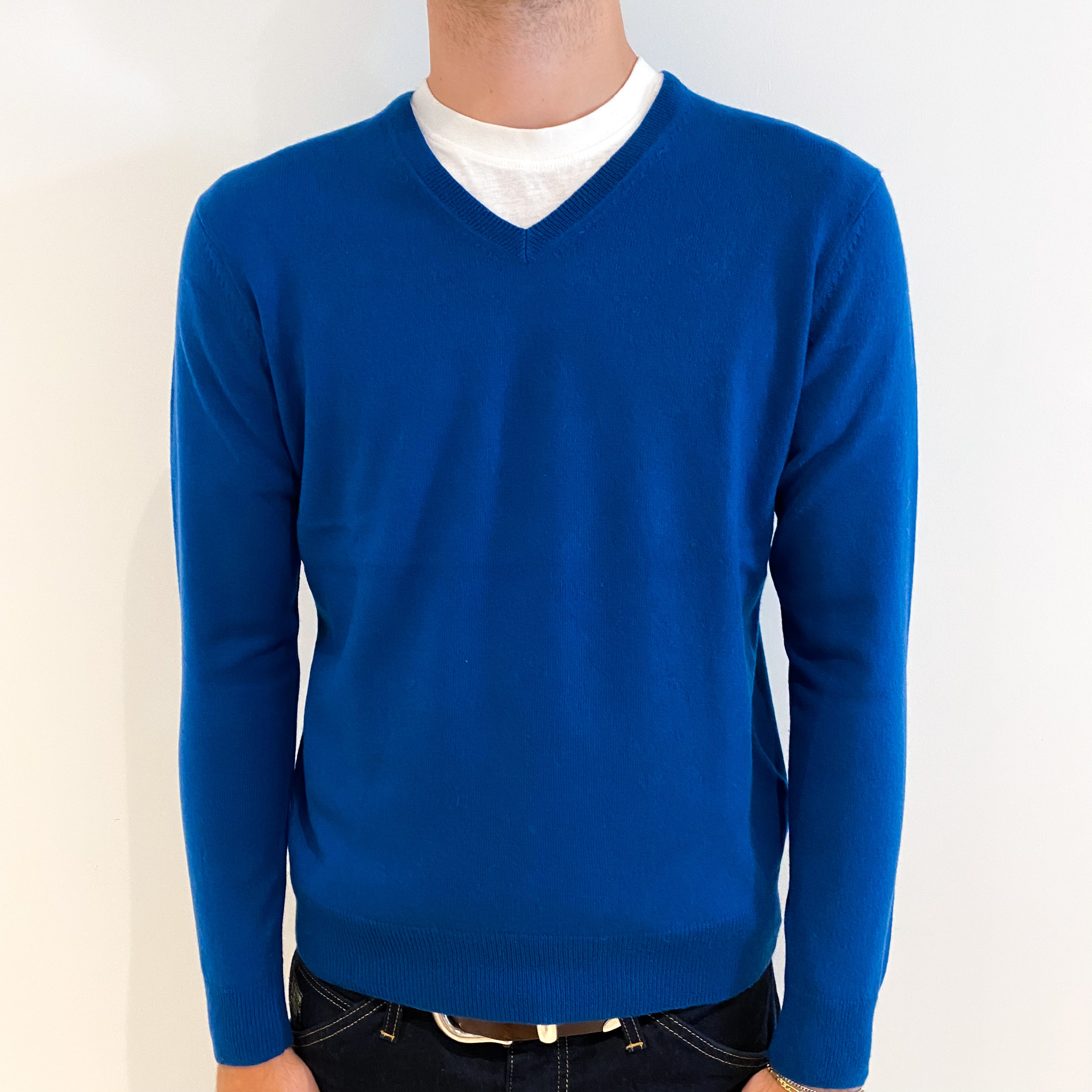 Men's Petrol Blue Cashmere V-Neck Jumper Medium