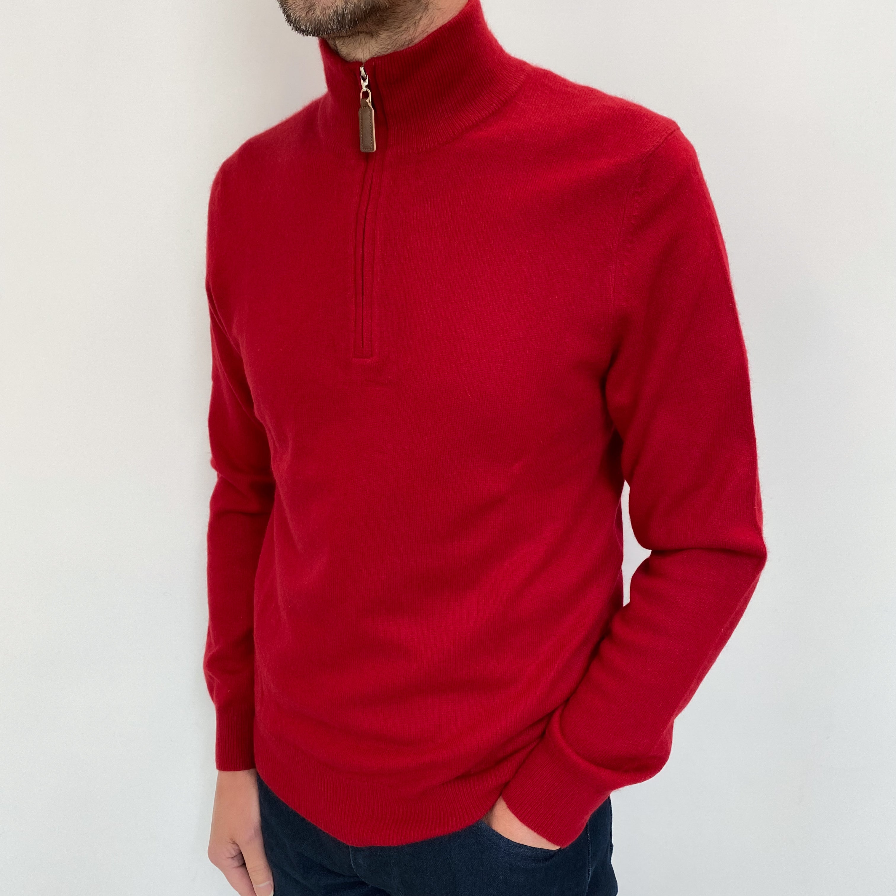 Men's Crimson Red Cashmere 1/4 Zip V Neck Jumper Small