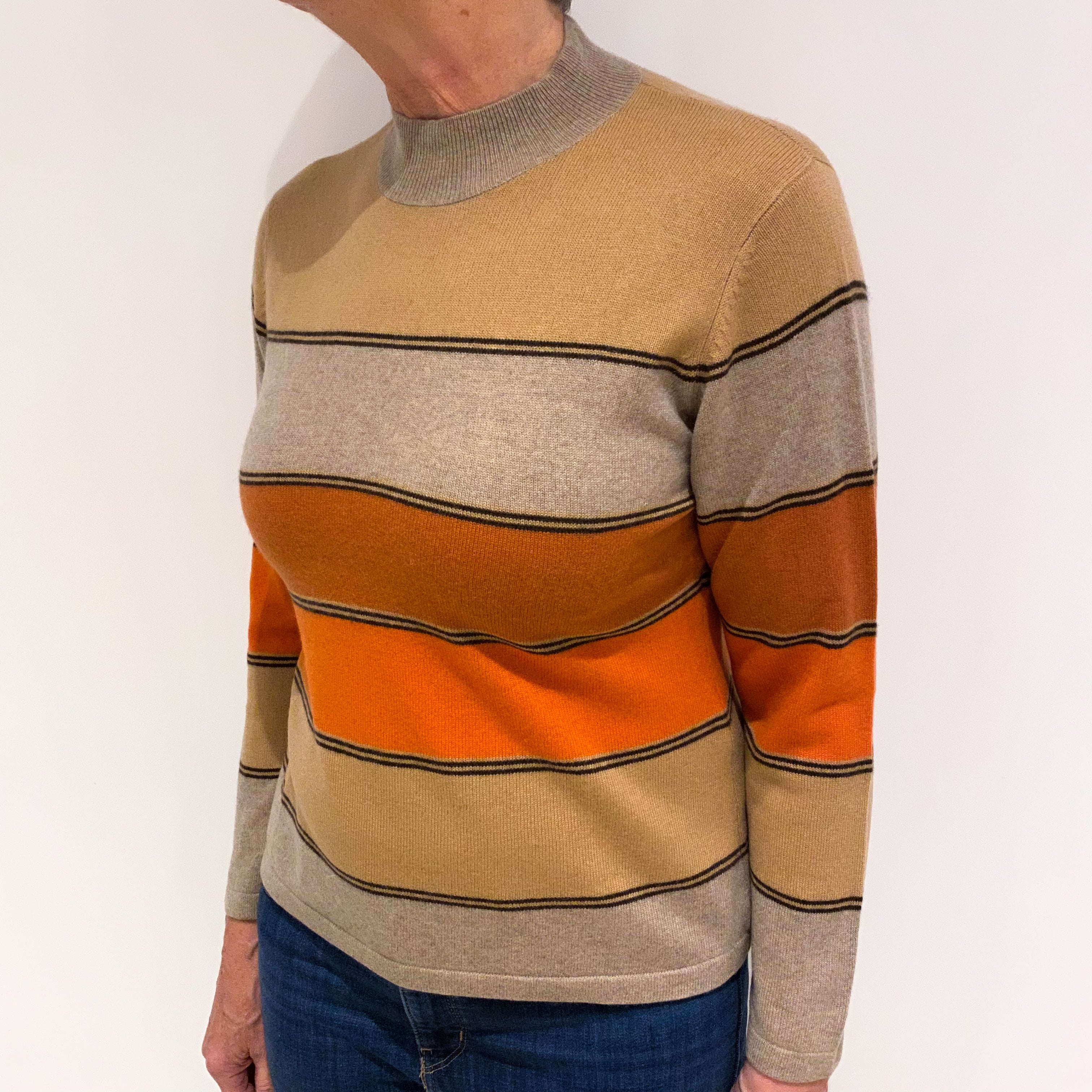 Biscuit Beige, Camel and Paprika Striped  Cashmere Turtle Neck Jumper Medium