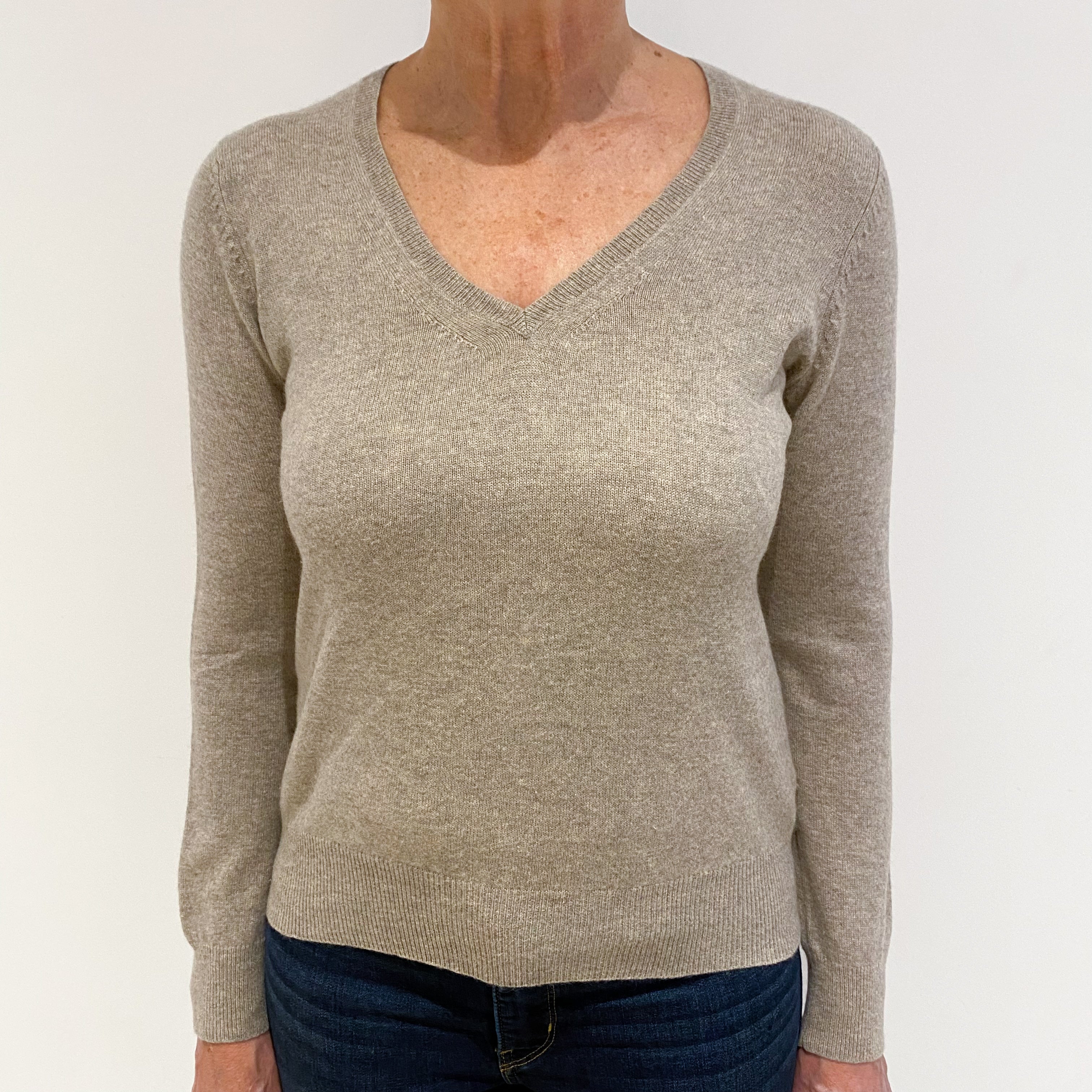 Taupe Brown Cashmere V-Neck Jumper Medium