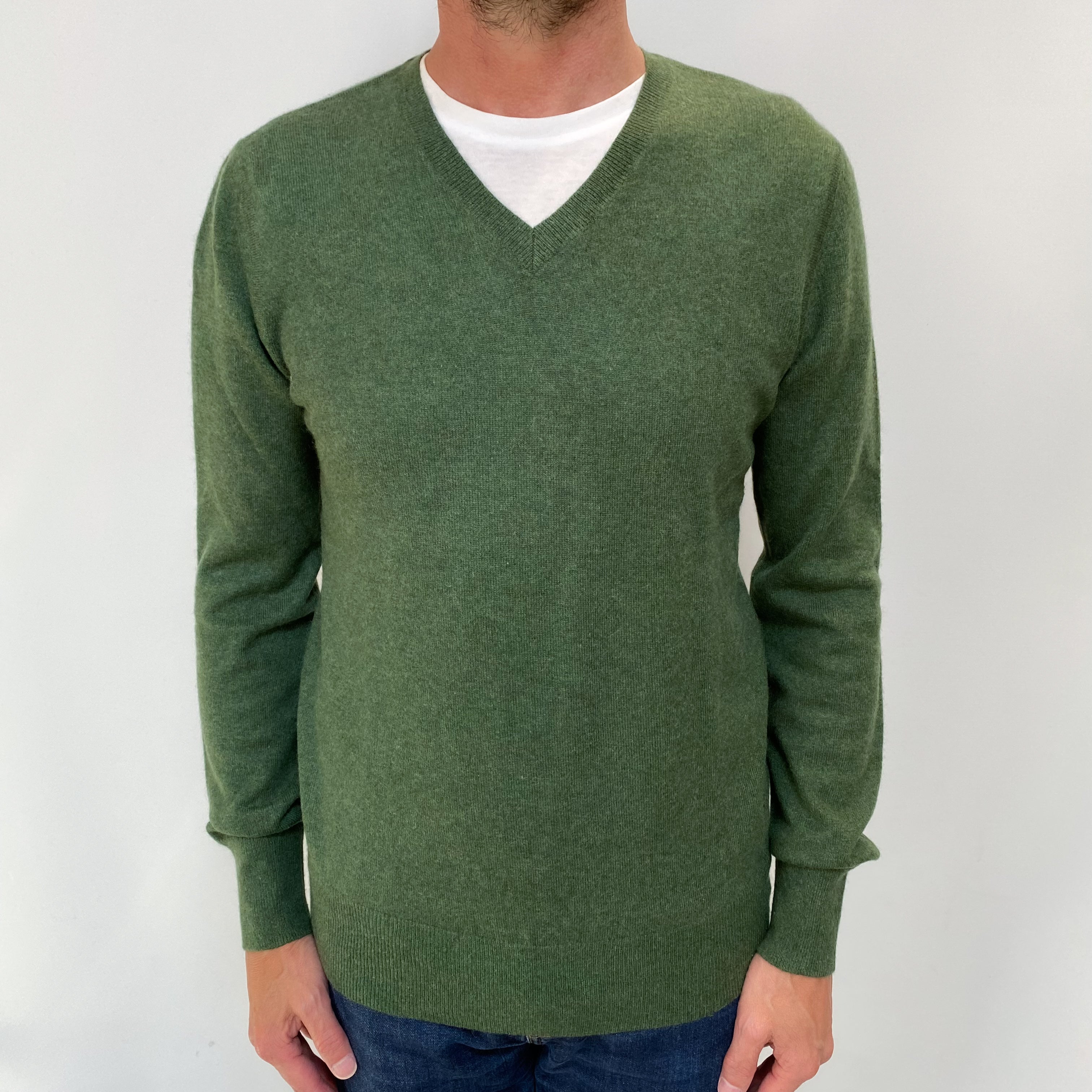 Men's Khaki Marl Cashmere V Neck Jumper Small