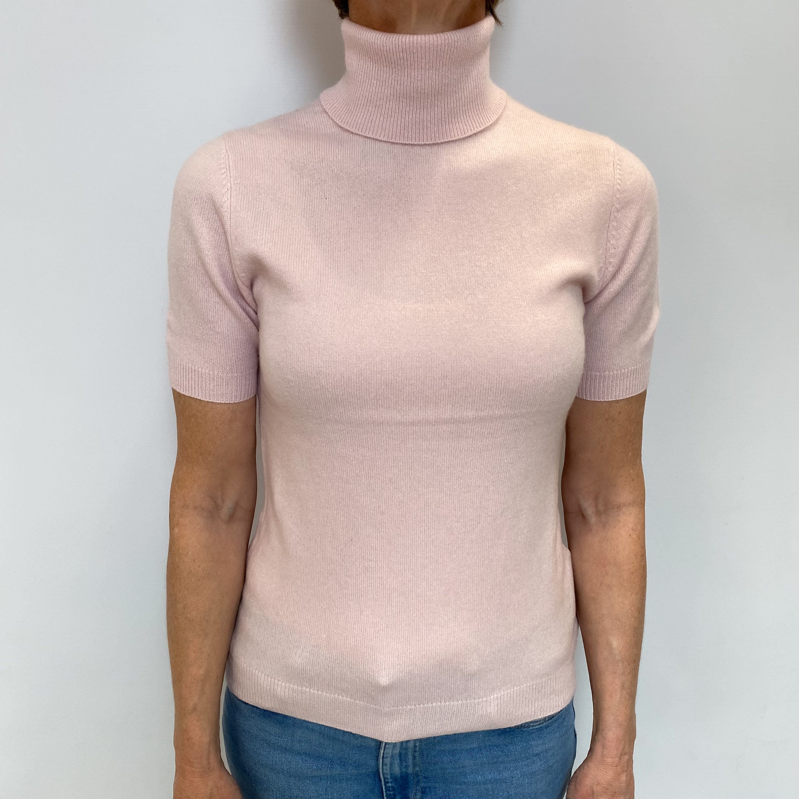 Ice Pink Cashmere Polo Neck Short Sleeved Jumper Small