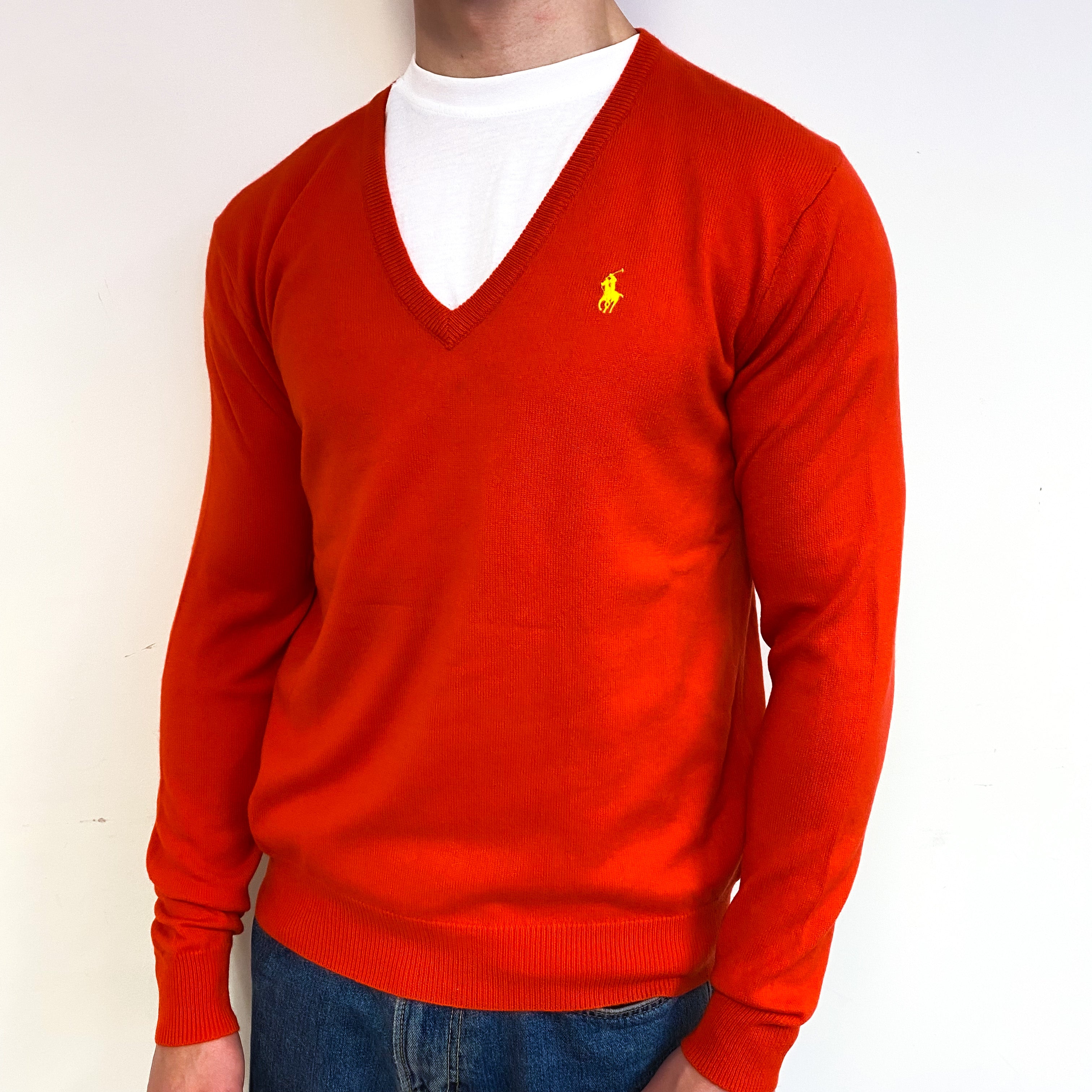 Men's Ralph Lauren Vermilion Red Cashmere V-Neck Jumper Small