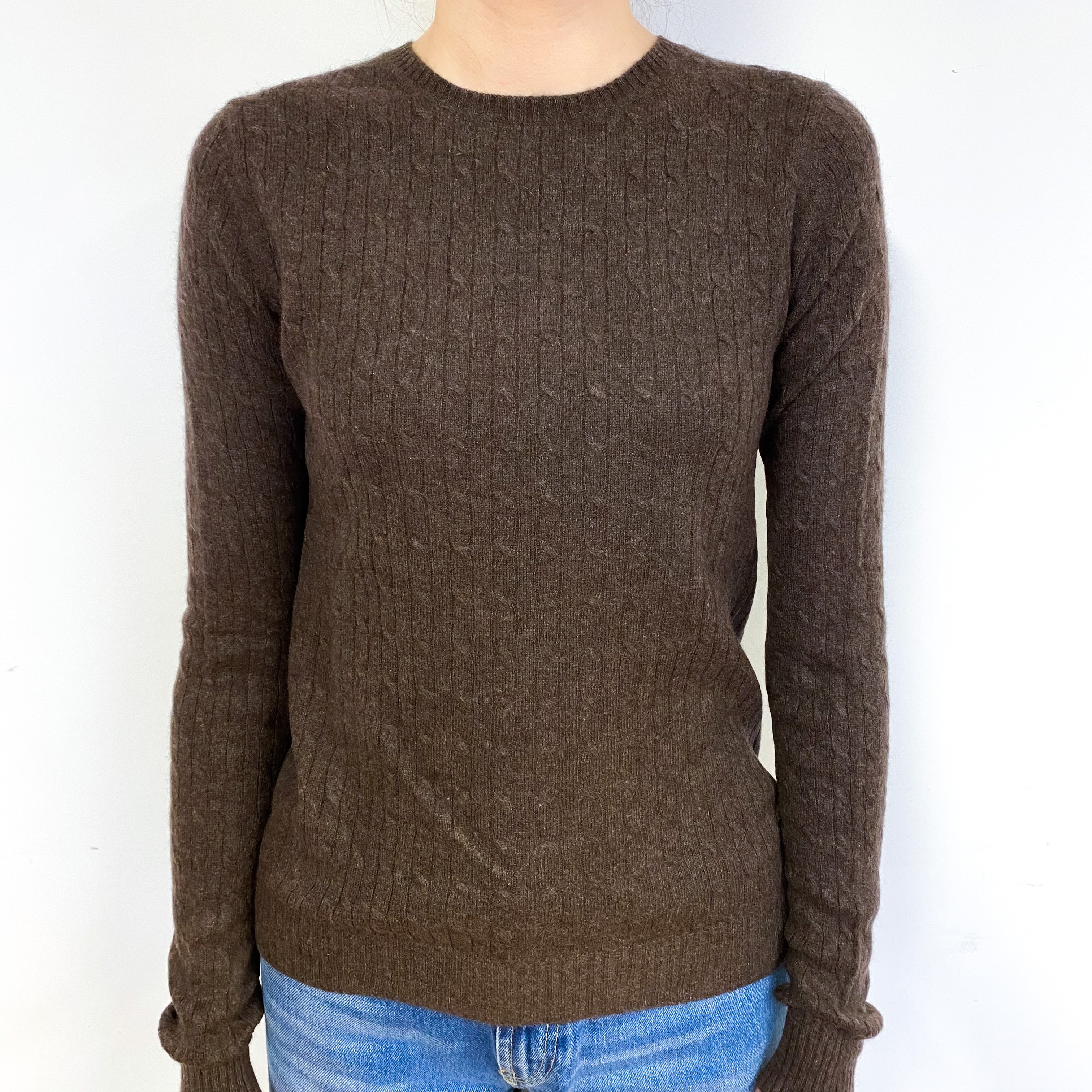 Chocolate Brown Cable Cashmere Crew Neck Jumper Extra Small