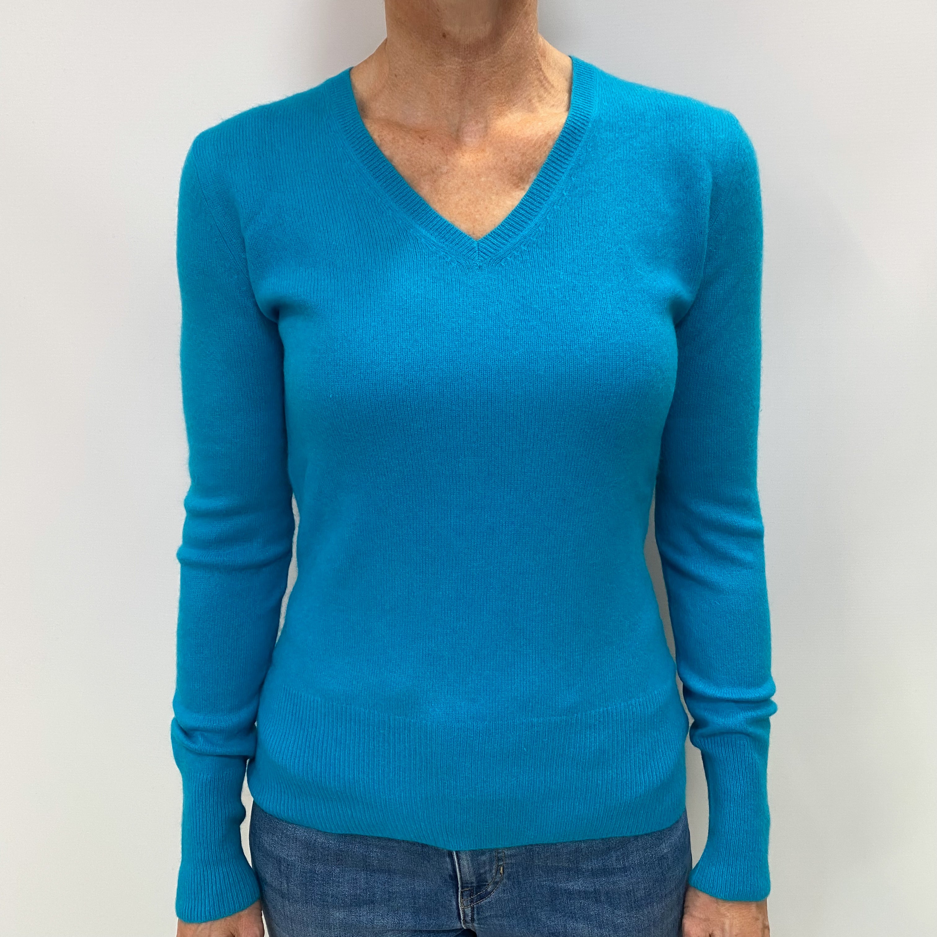 Turquoise Blue Cashmere V Neck Jumper Small