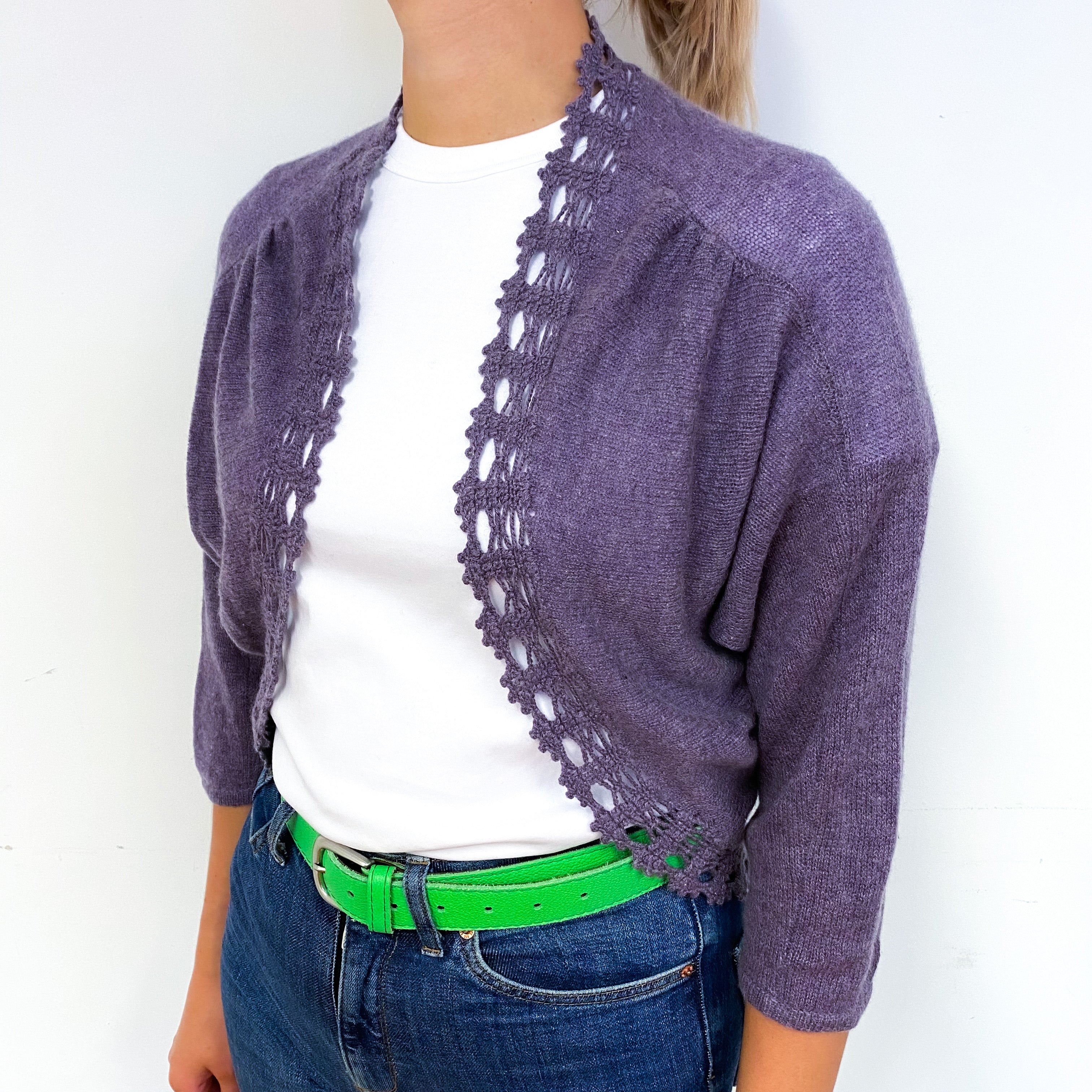 Lavender Purple Crochet Trimmed Cashmere Batwing Cardigan Small