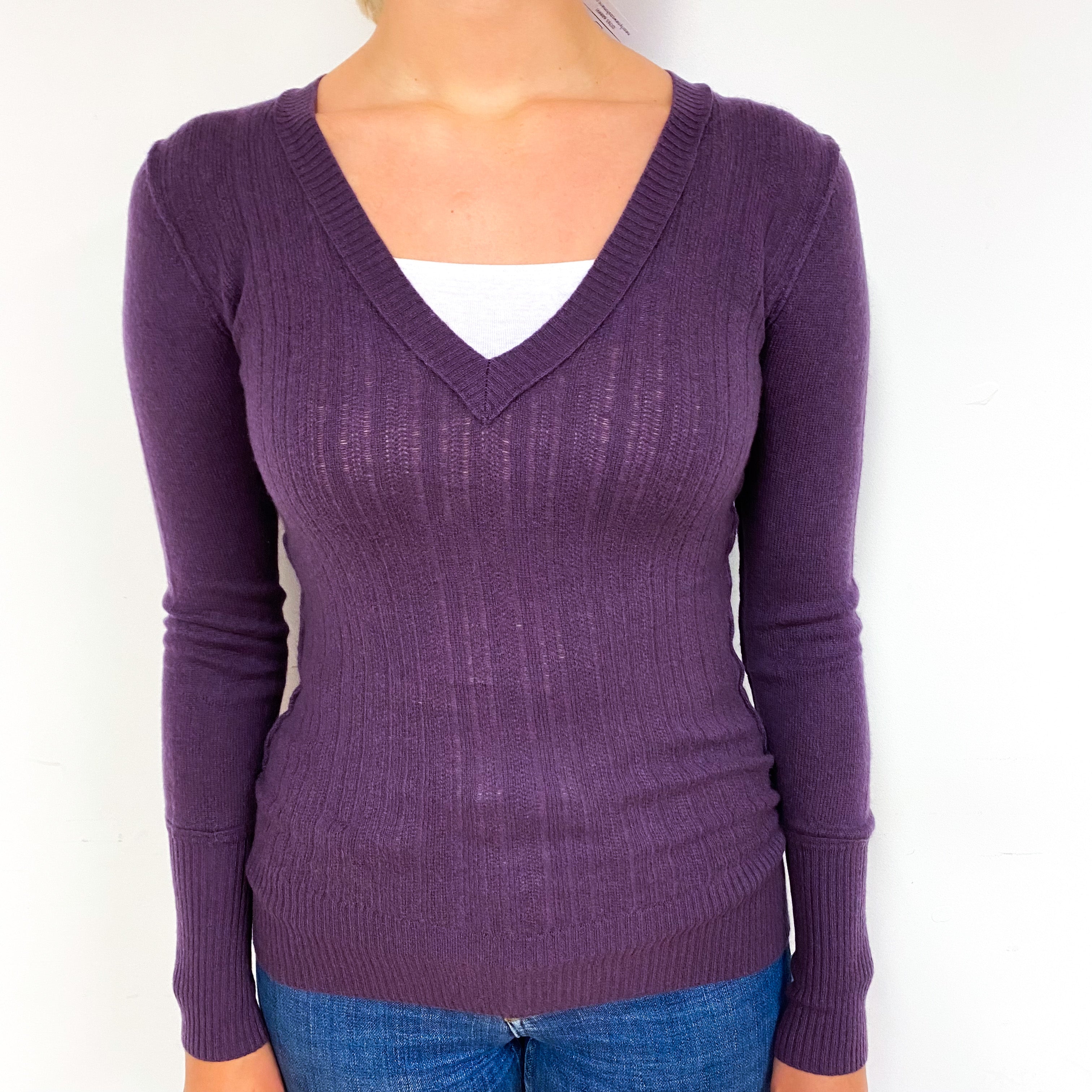 Blueberry Purple Lightweight Ribbed Cashmere V-Neck Jumper Small