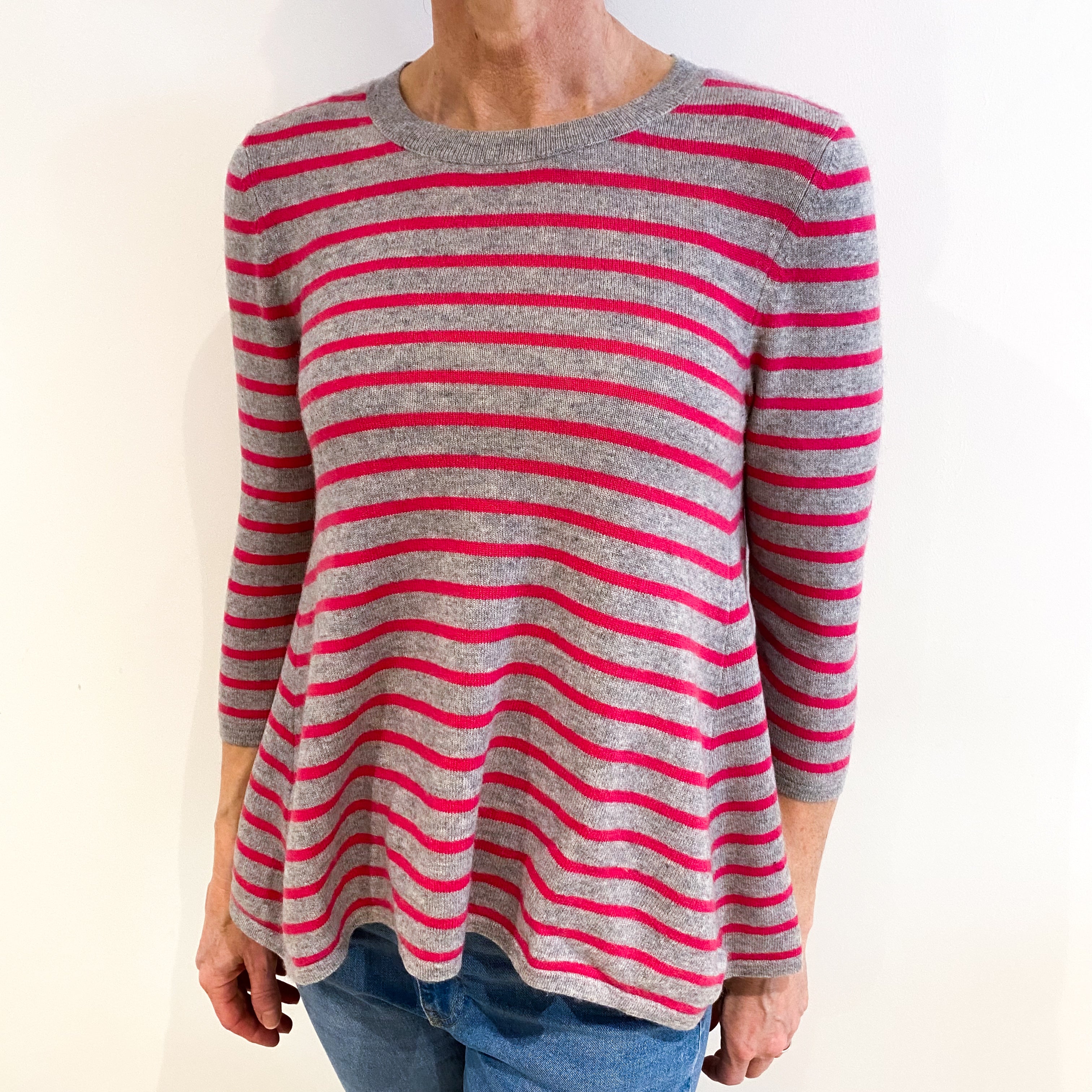 Pink And Grey Stripe Cashmere Crew Neck Jumper Small