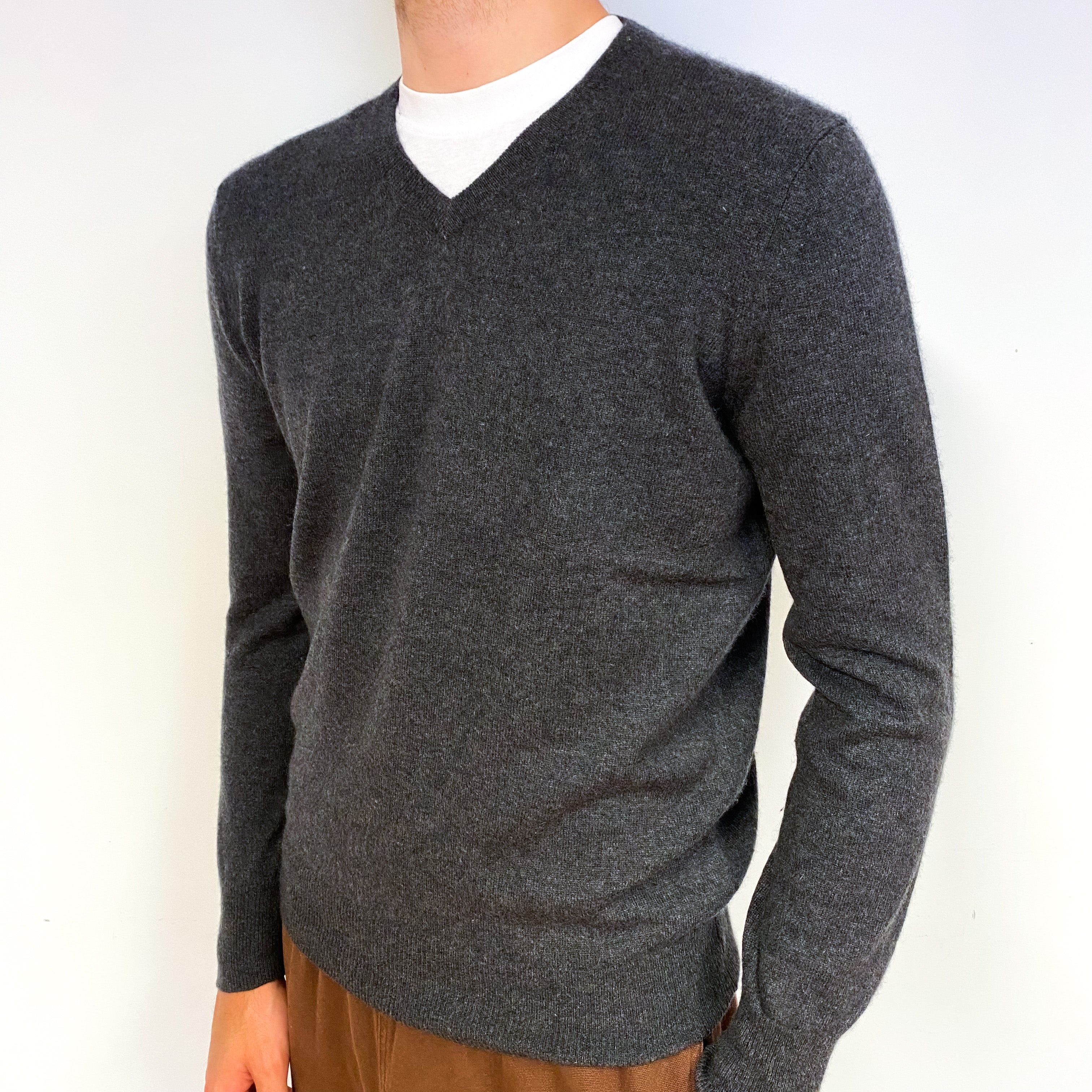 Men's Slate Grey Cashmere V-Neck Jumper Large