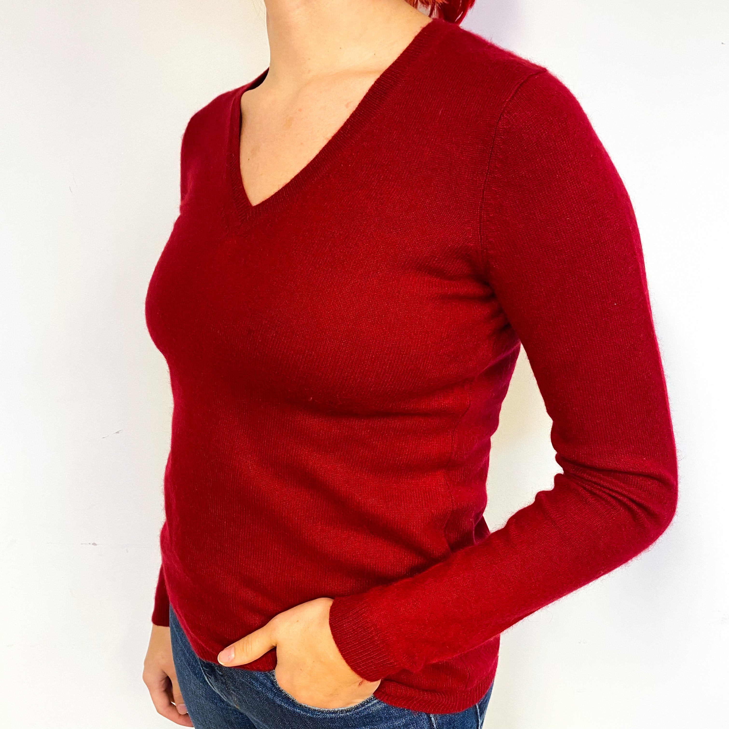 Crimson Red Cashmere V-Neck Jumper Small