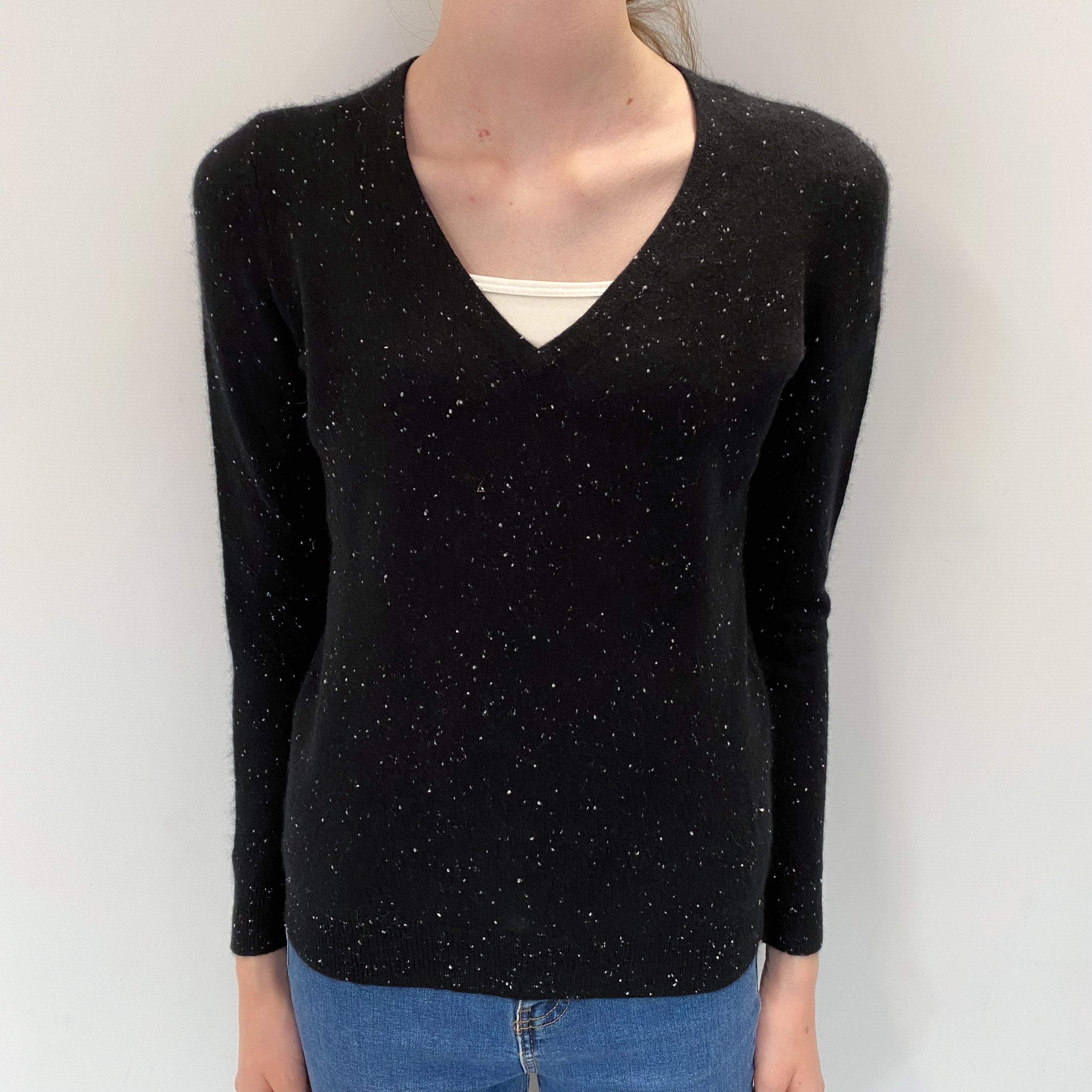 Black Flecked Cashmere V Neck Jumper Extra Small