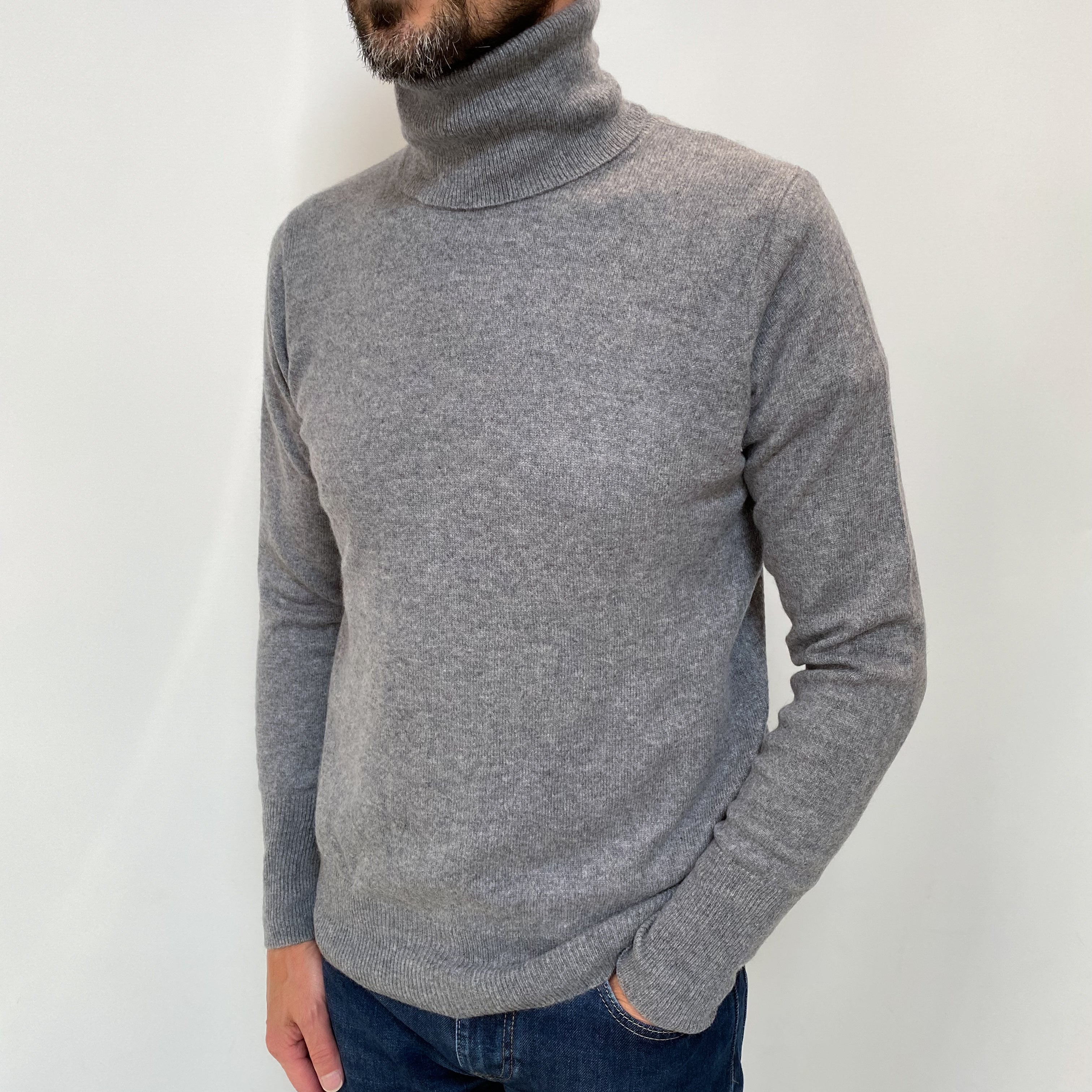 Men's Steel Grey Cashmere Polo Neck Jumper Small