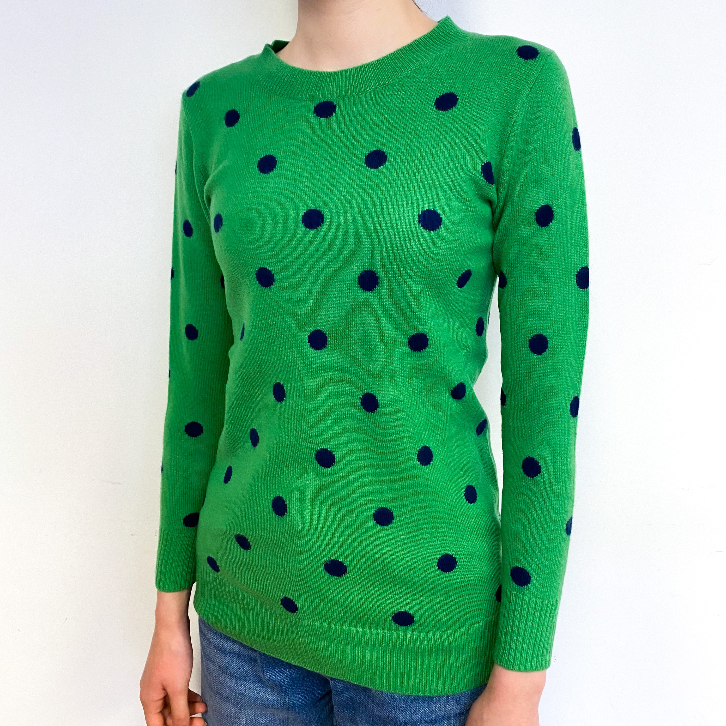 Jade Green Navy Spot Cashmere Crew Neck Jumper Extra Small