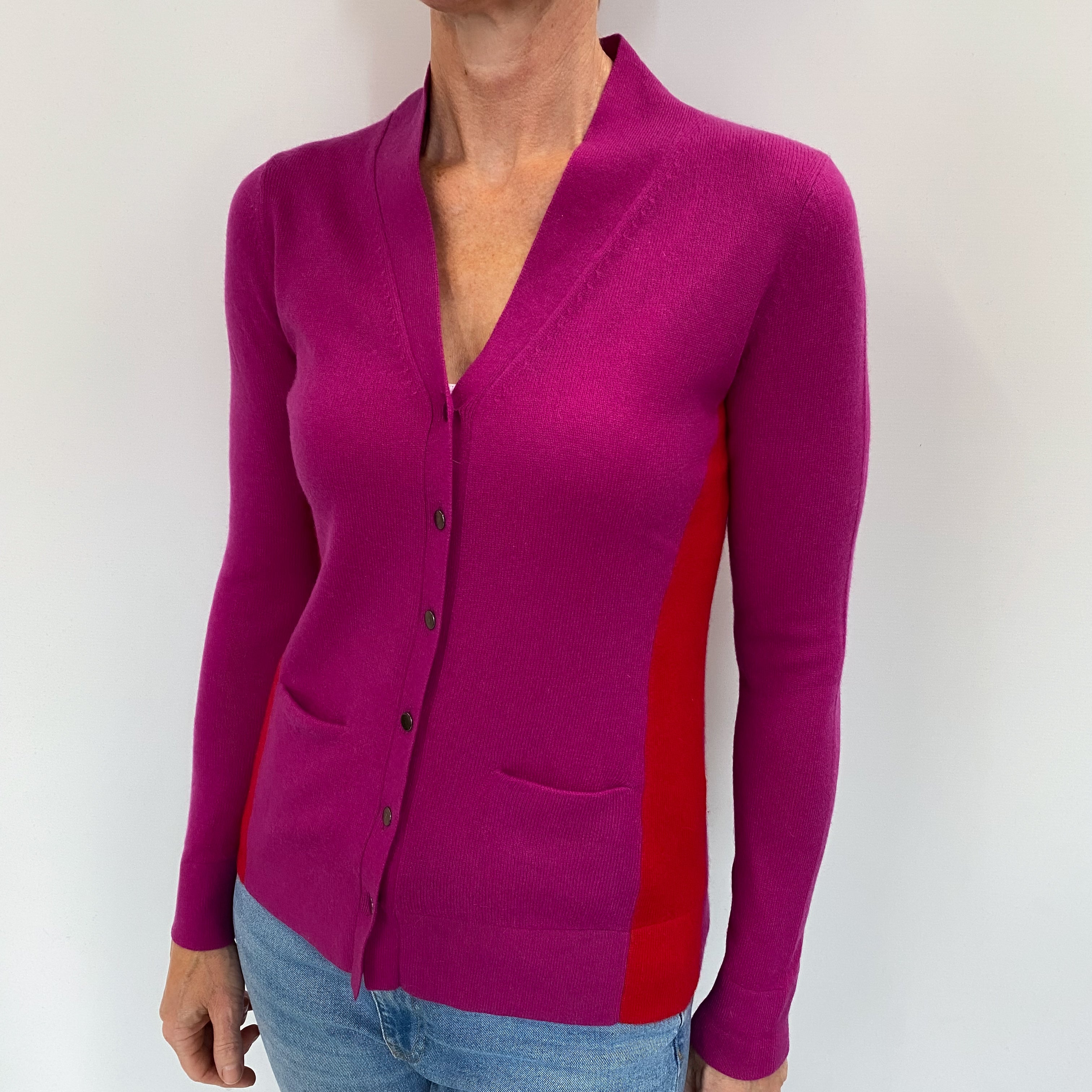 Deep Fuchsia Pink Cashmere V Neck Cardigan Small