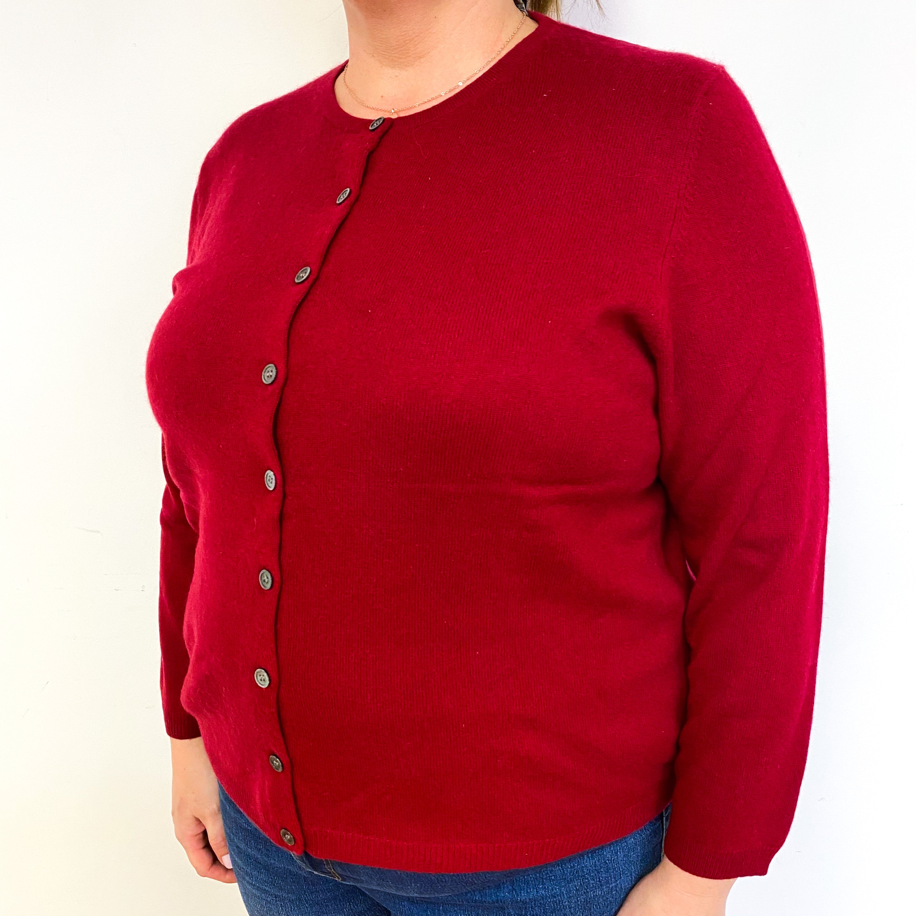 Crimson Red Cashmere Crew Neck Cardigan Extra Large