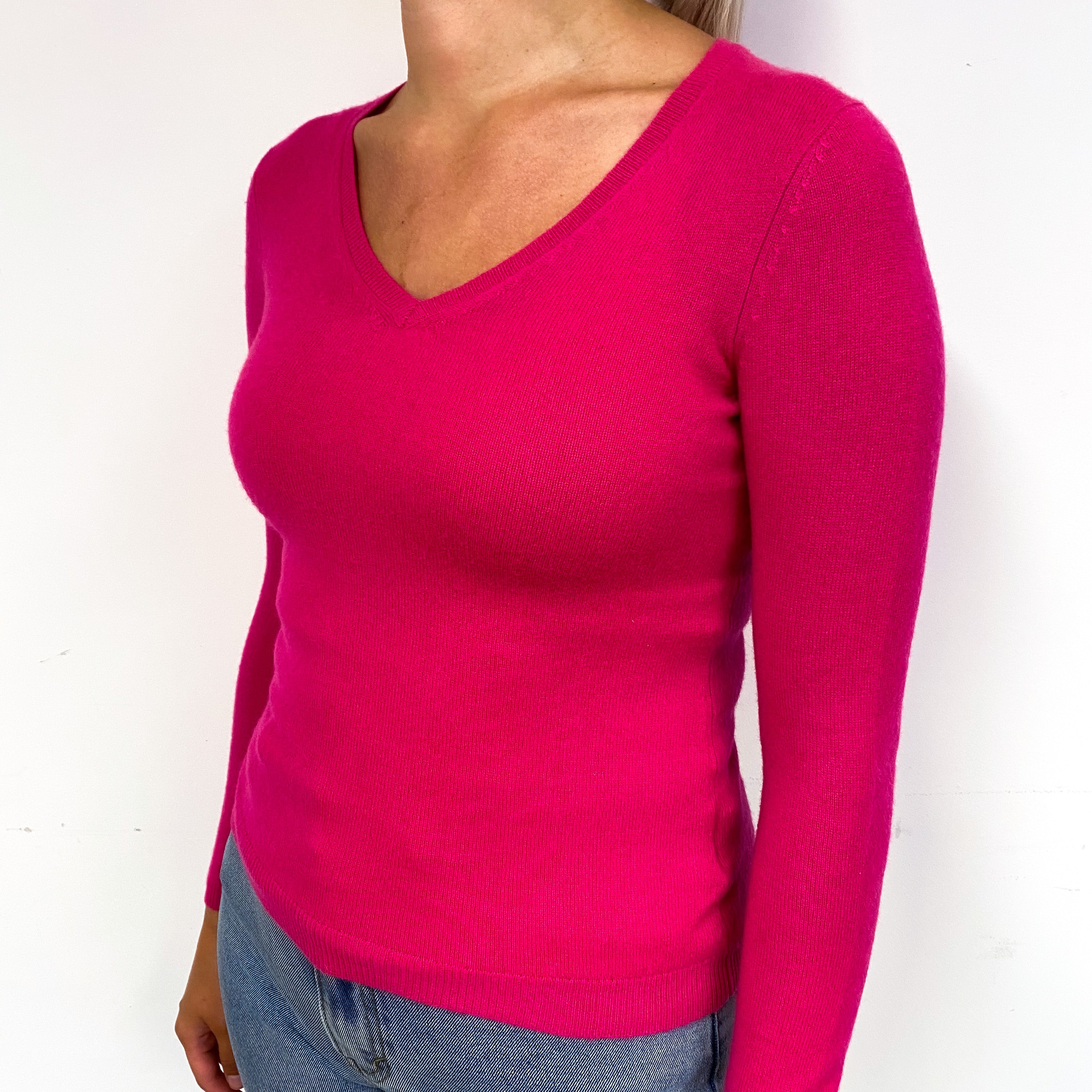 Fuchsia Pink Cashmere V-Neck Jumper Small