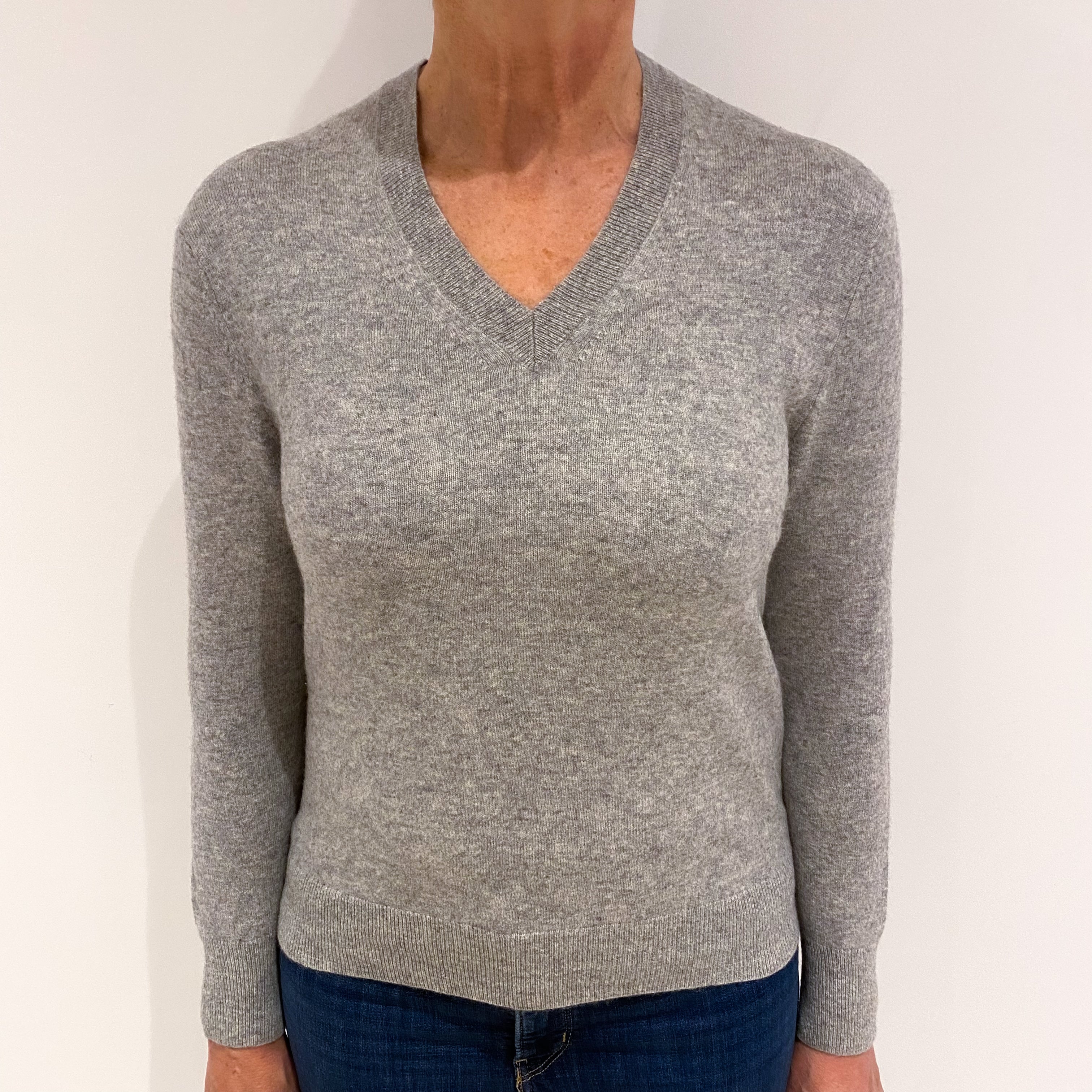 Smoke Grey Cashmere V Neck Jumper Medium