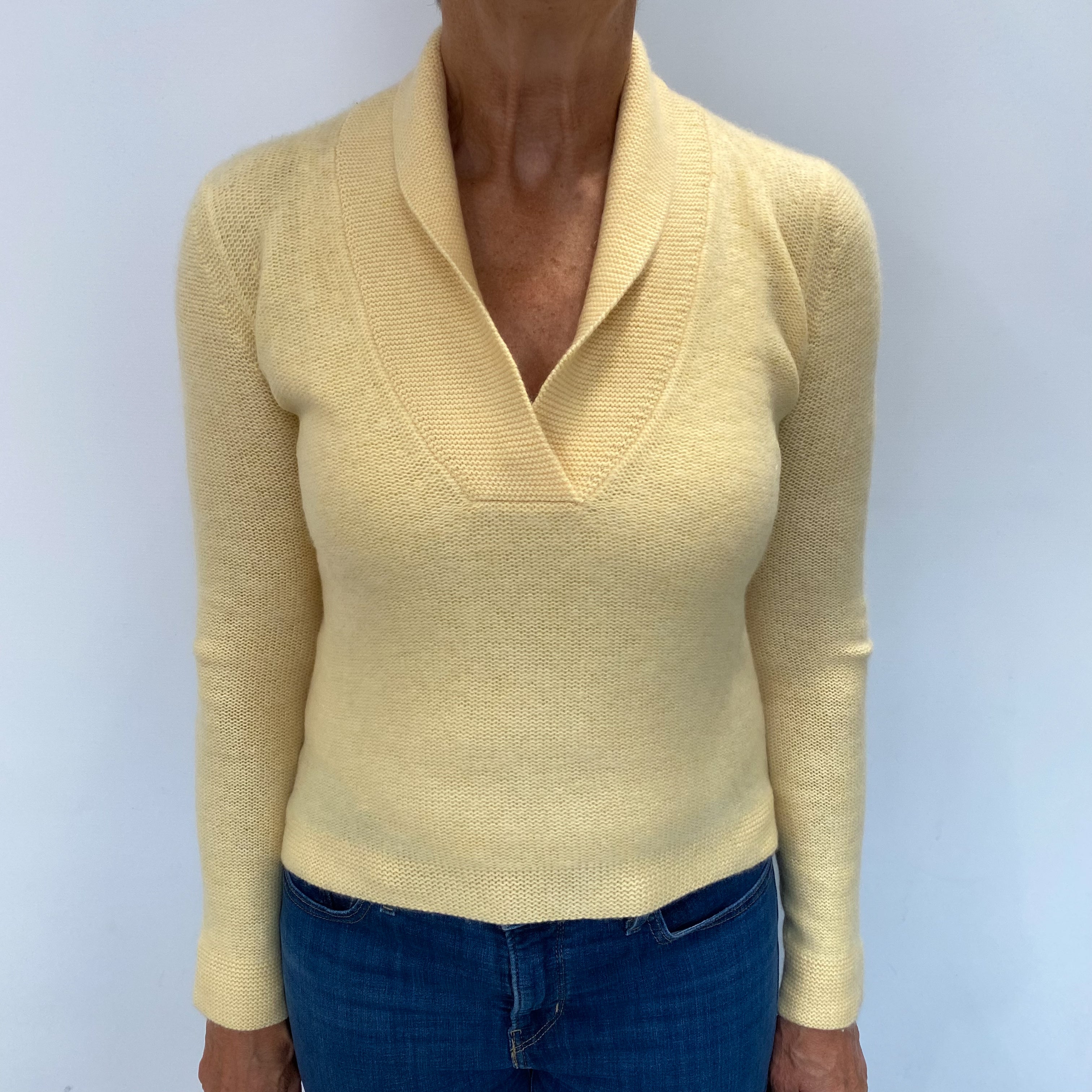 Primrose Yellow Cashmere Collared V Neck Jumper Medium