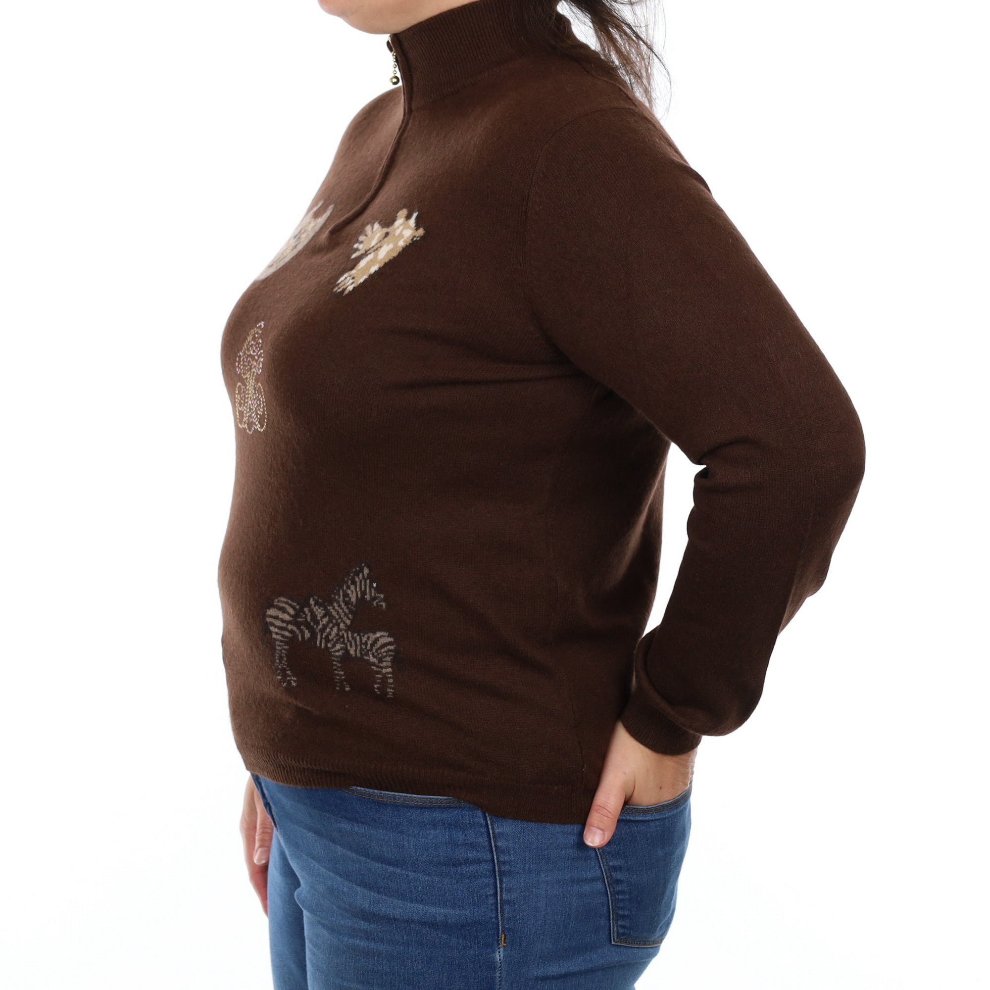 Choc Brown Animal Print Cashmere 1/4 Zip Jumper Large