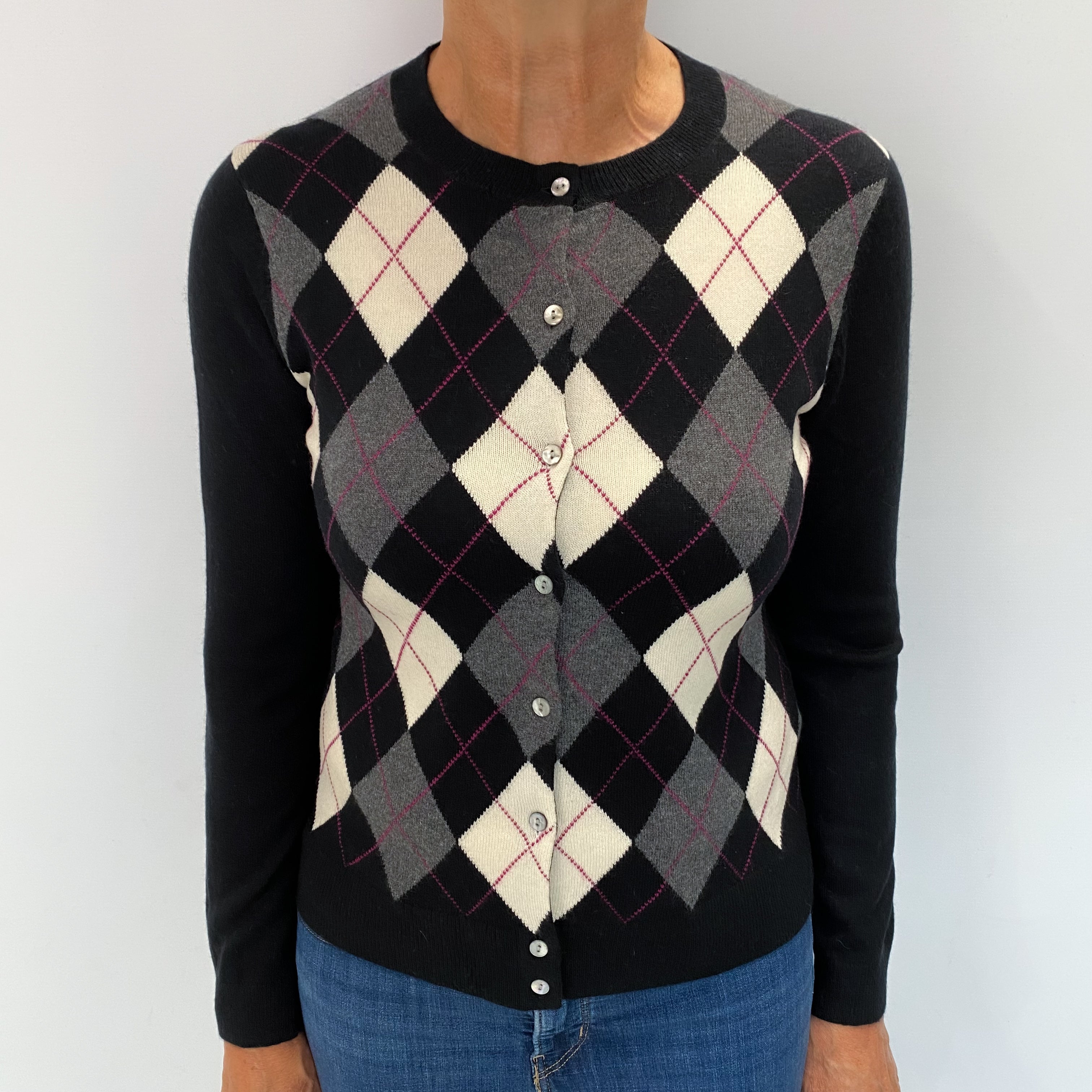 Black Argyle Cashmere Crew Neck Cardigan Medium