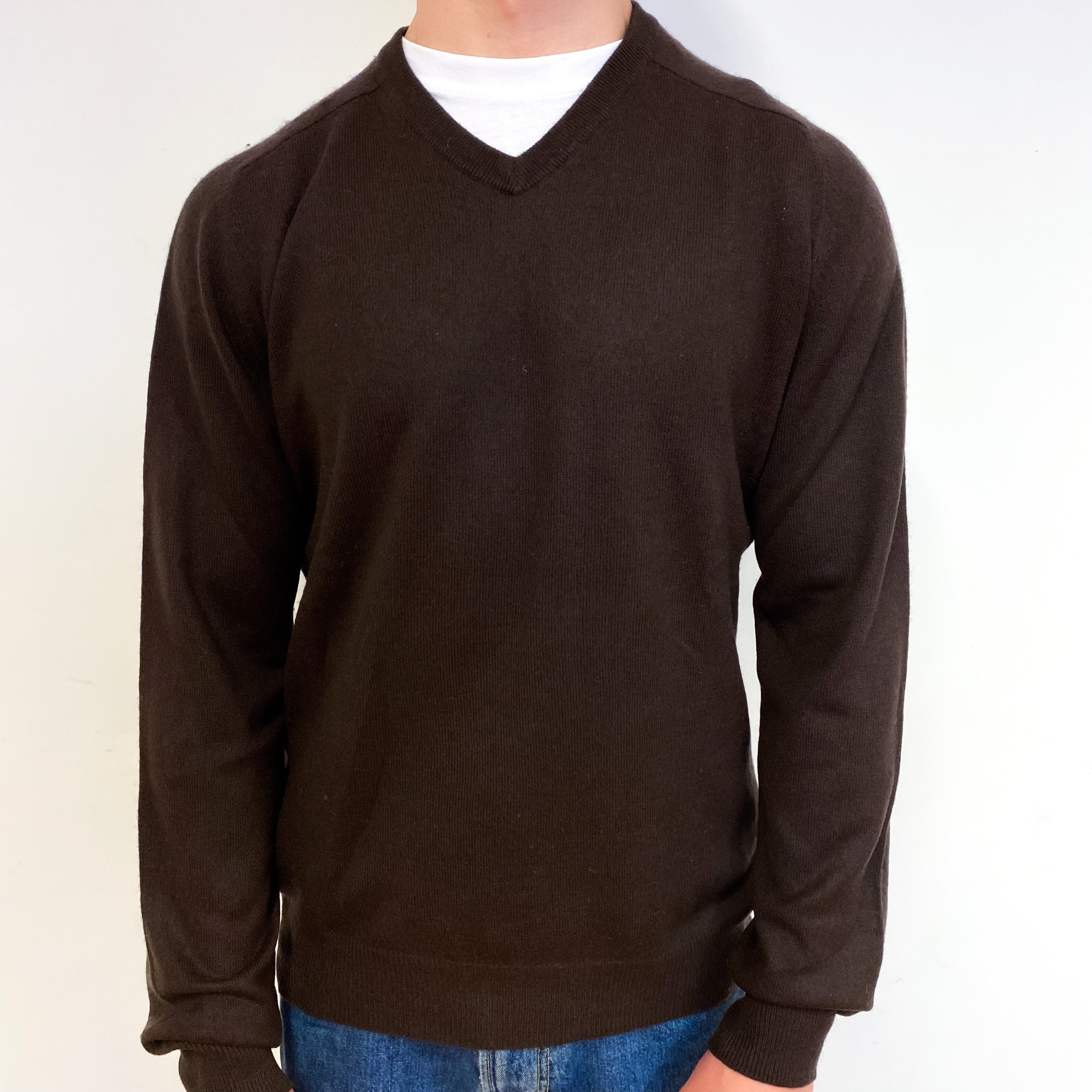 Men's Peppercorn Brown Cashmere V-Neck Jumper Small