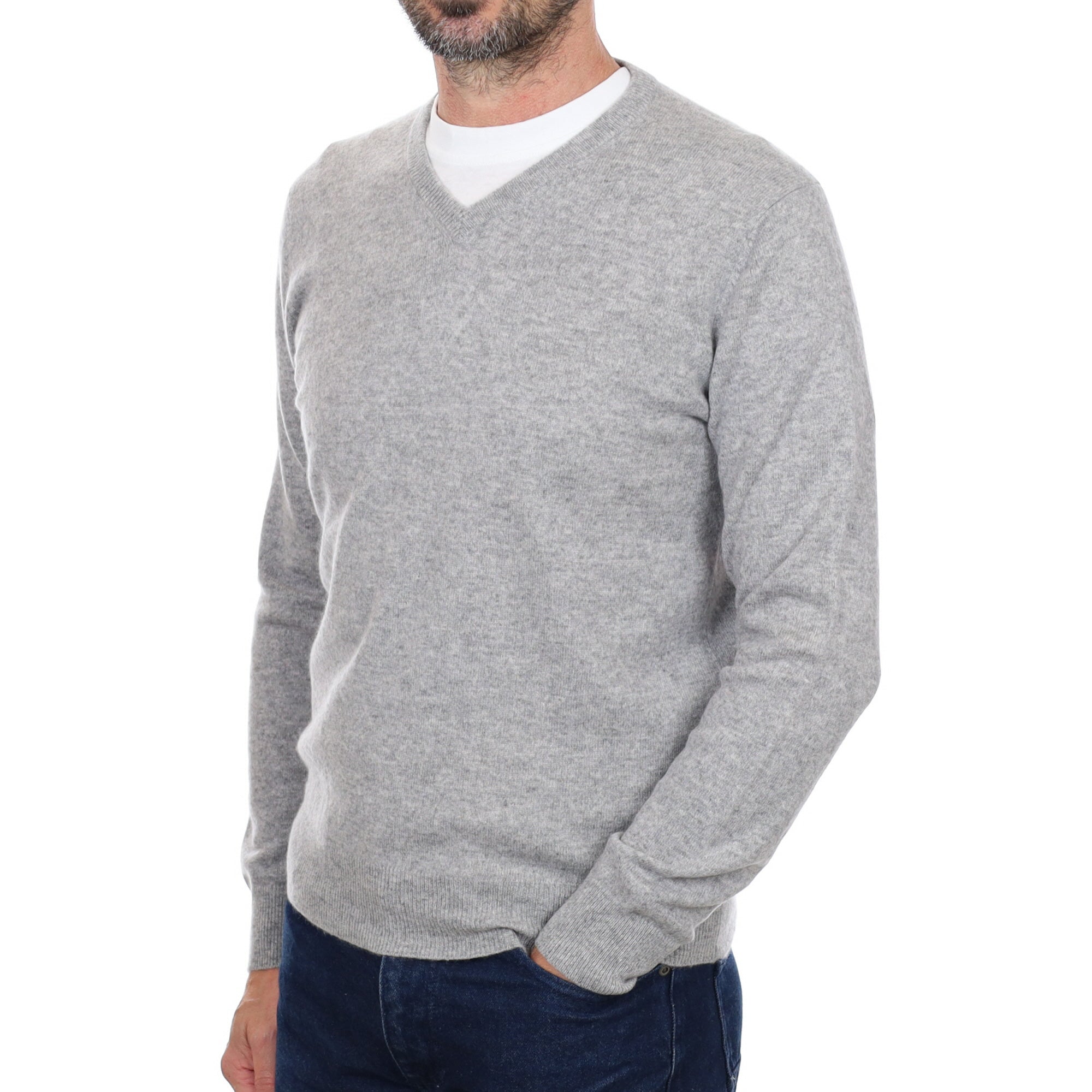 Men's Smoke Grey Cashmere V Neck Jumper Small