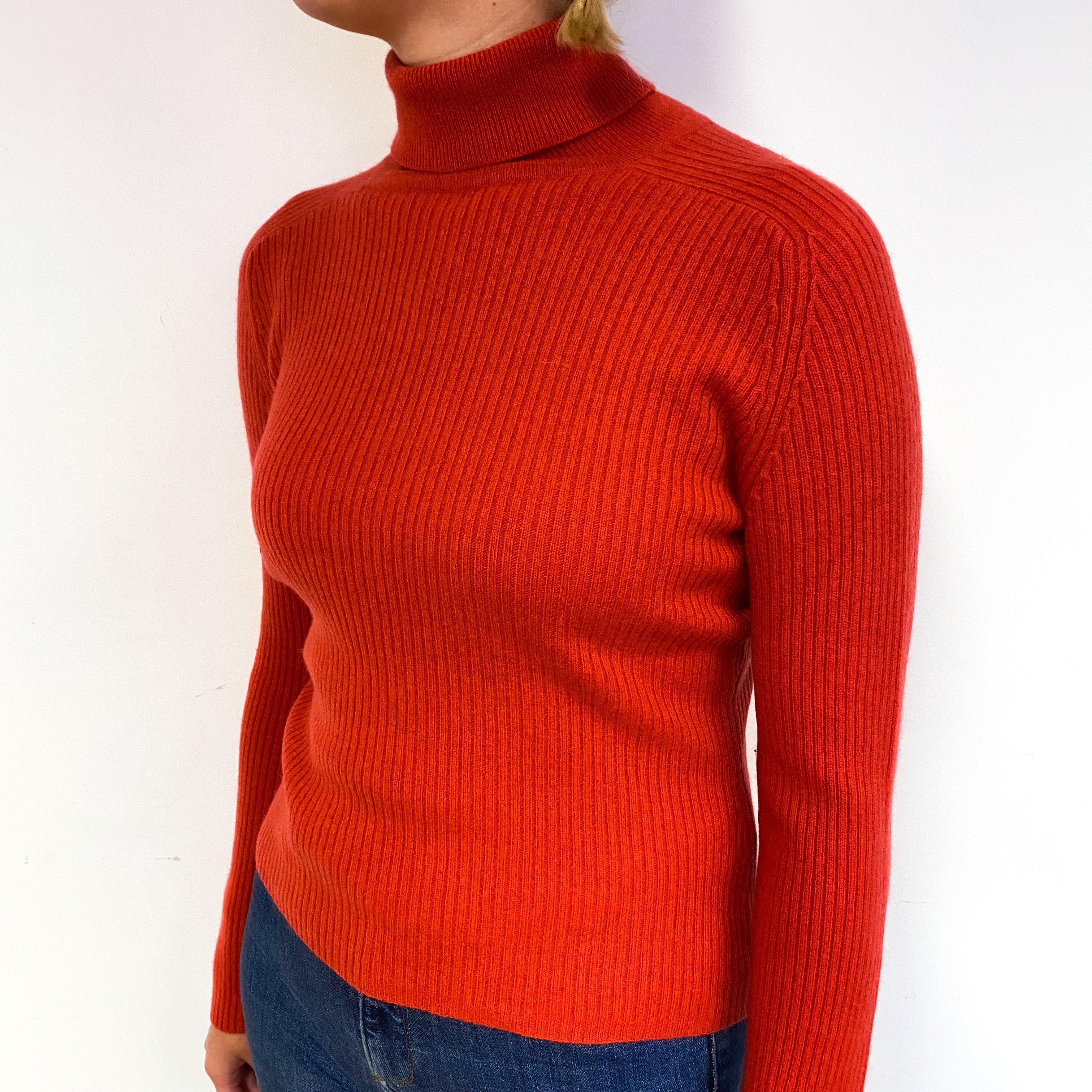 Vermillion Red Ribbed Cashmere Polo Neck Jumper Small