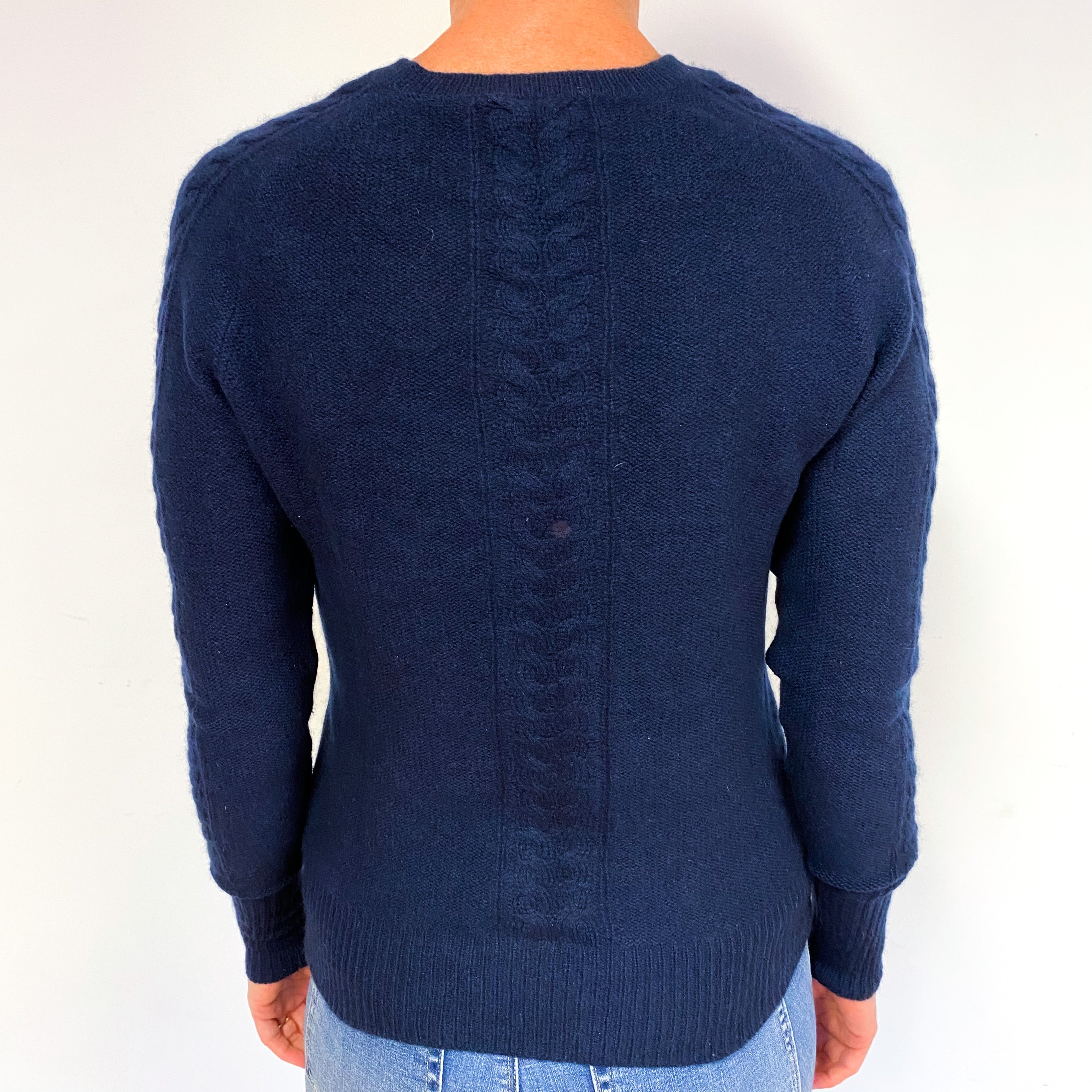 Navy Blue Cable Detail Cashmere Crew Neck Jumper Medium