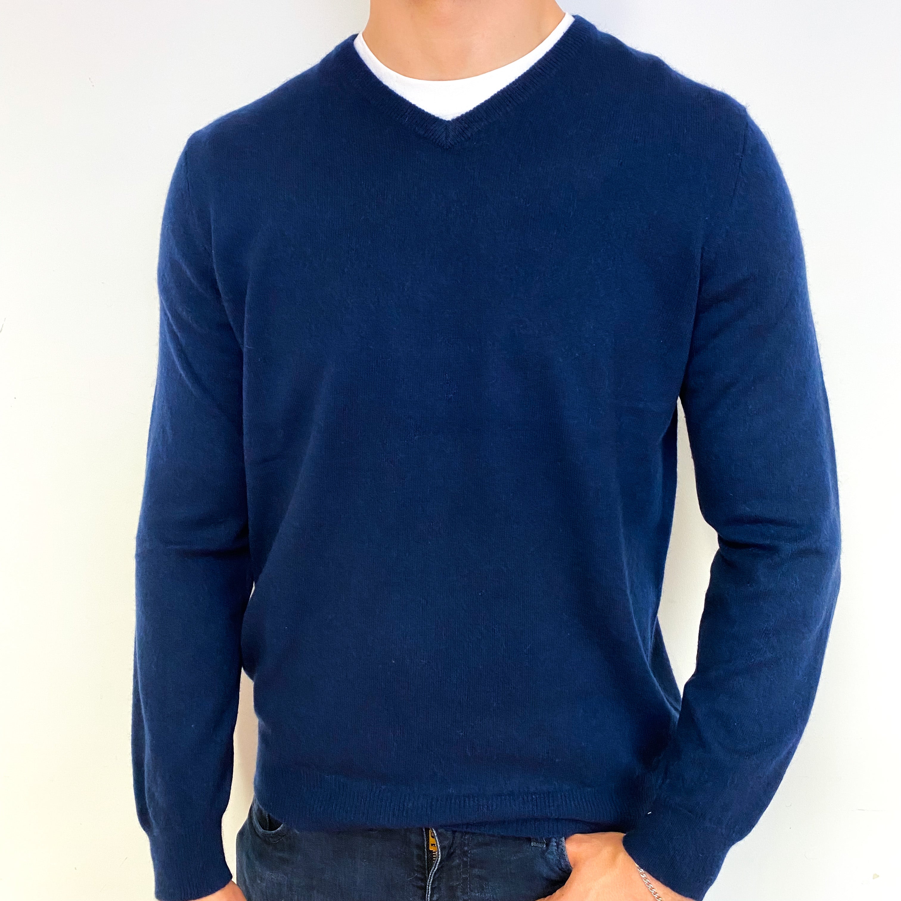 Men's Navy Blue Cashmere V-Neck Jumper Extra Large