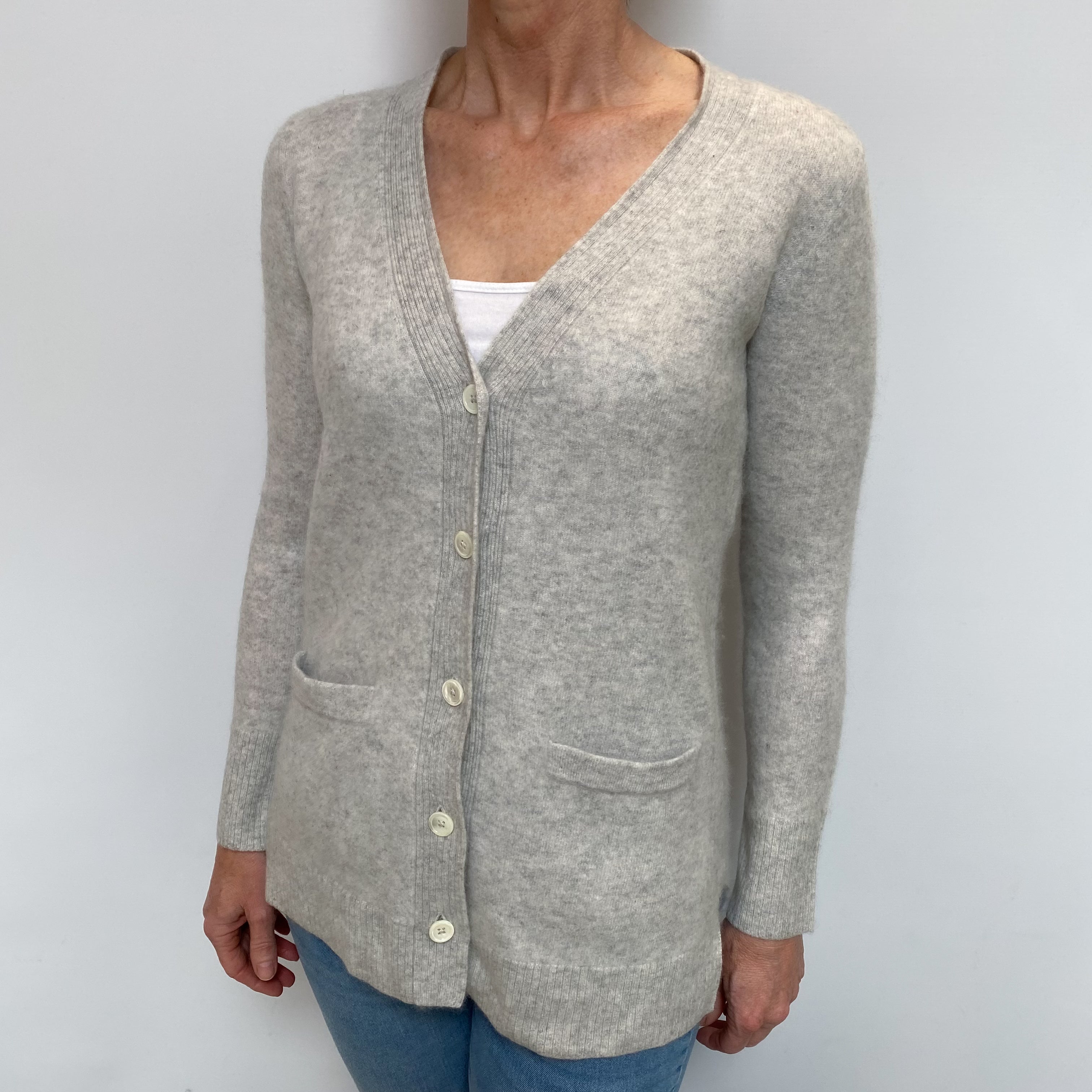 Mist Grey Cashmere V Neck Cardigan with Pockets Small