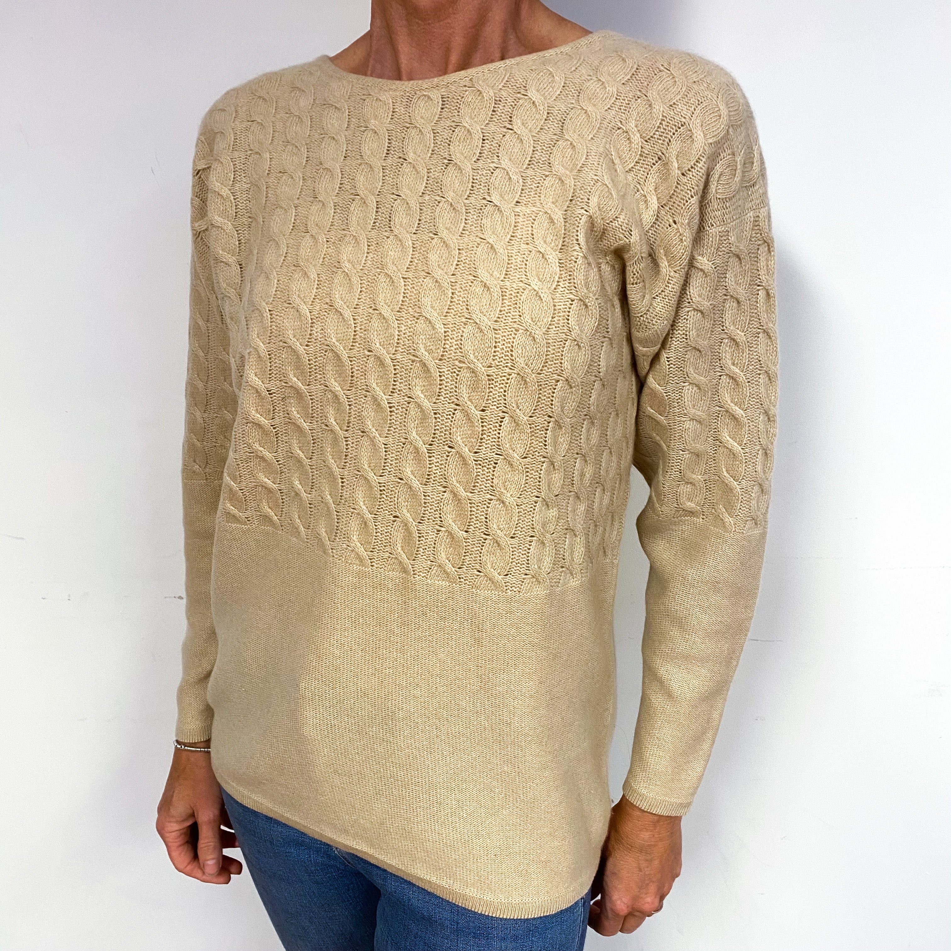 Vintage Beige 1/2 Cable Cashmere Crew Neck Jumper Medium