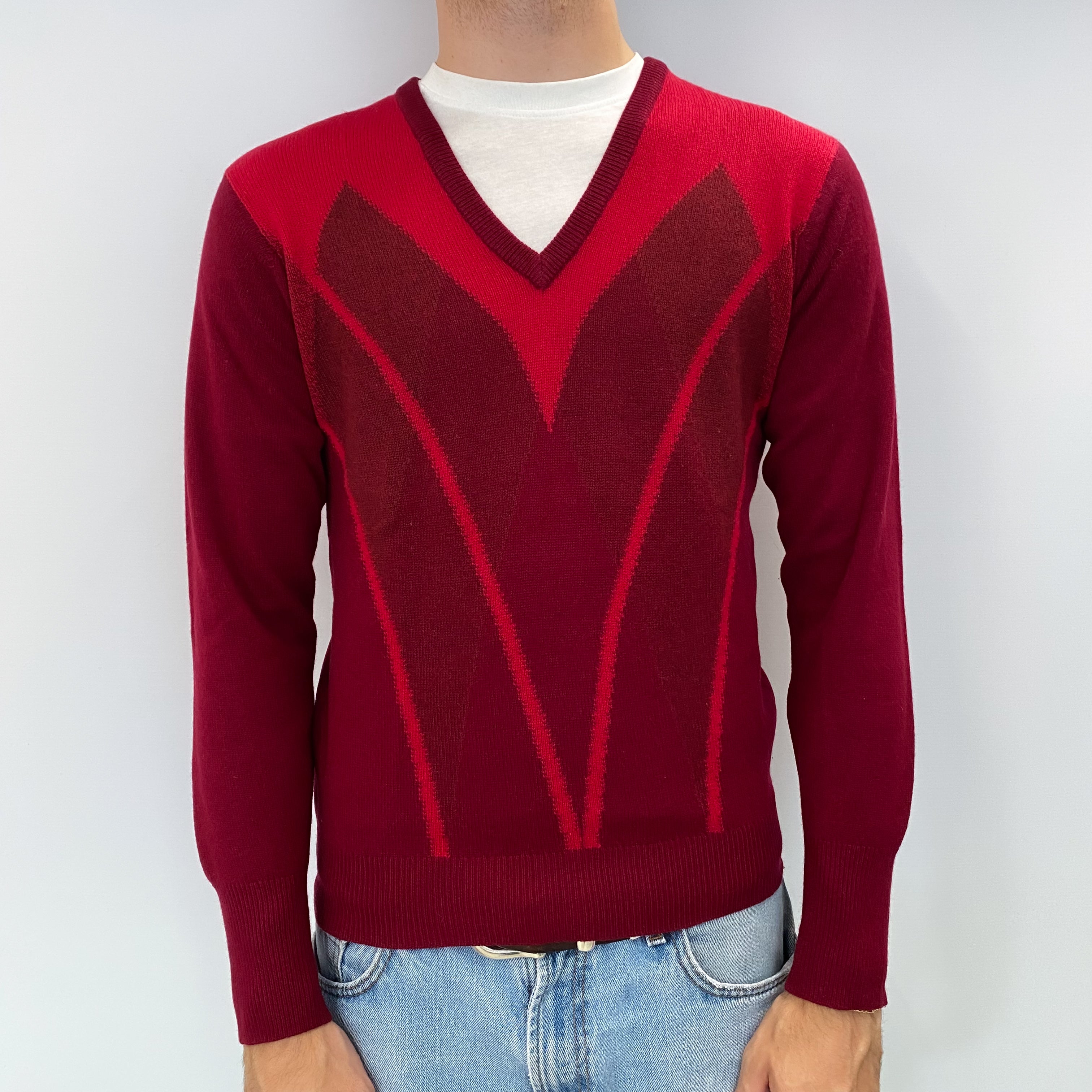 Men's Vintage Scottish Deep Red Patterned Cashmere V Neck Jumper Medium