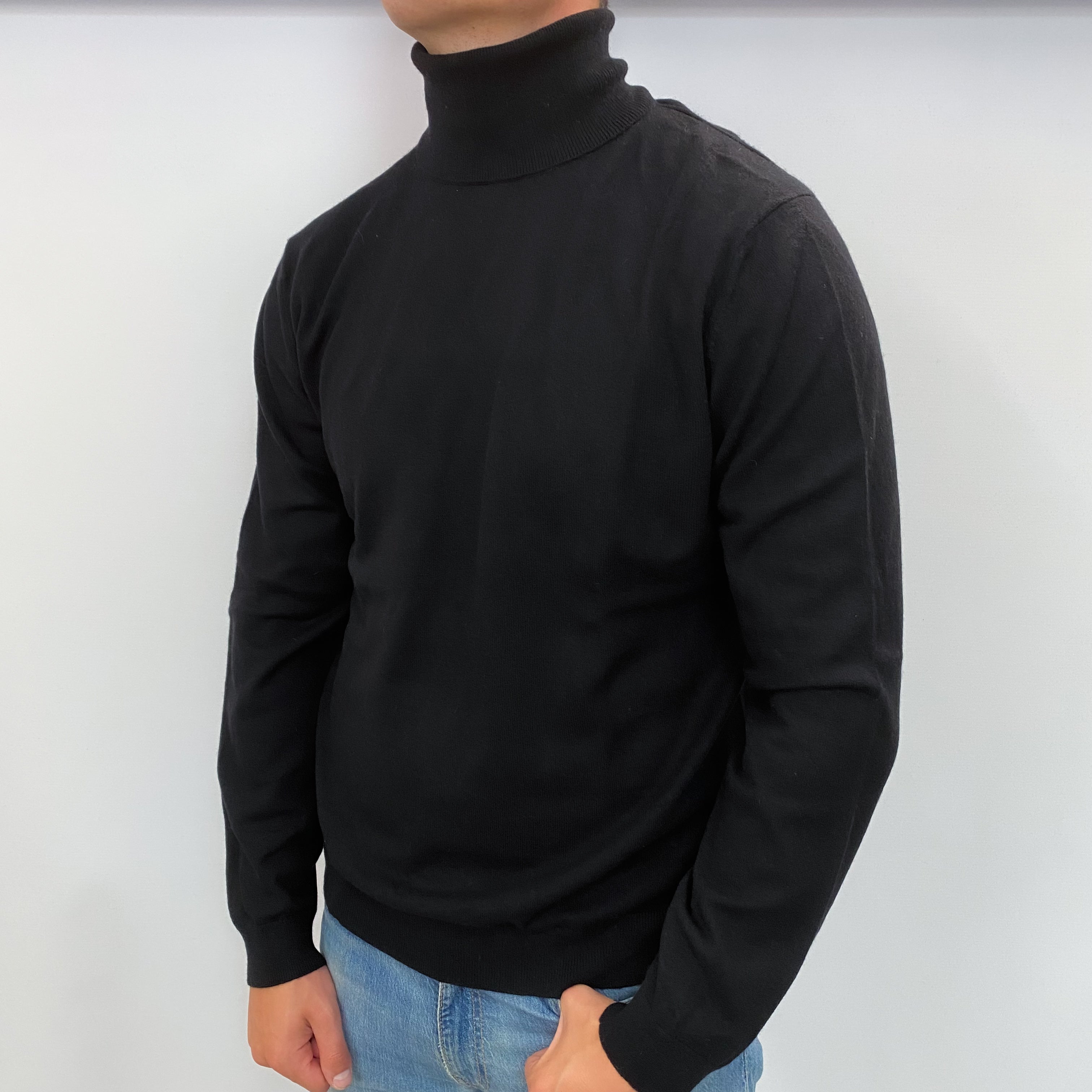 Men's Black Cashmere Polo Neck Jumper XL