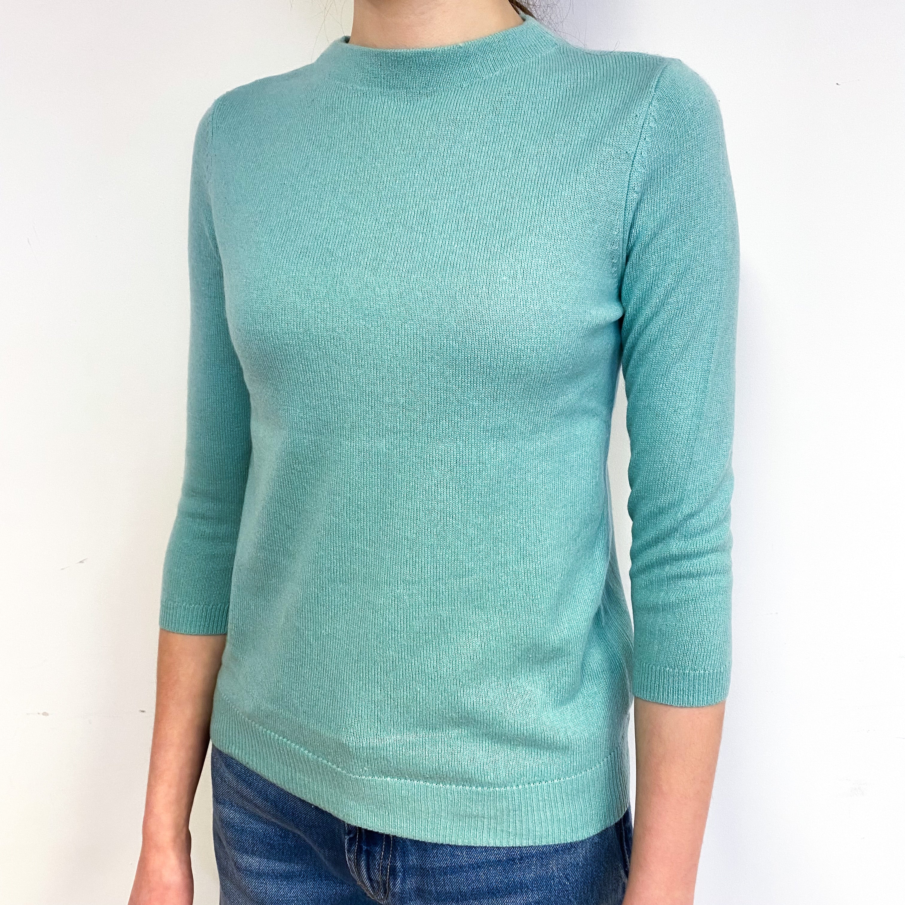 Aqua Green 3/4 Sleeve Cashmere Crew Neck Jumper Extra Small