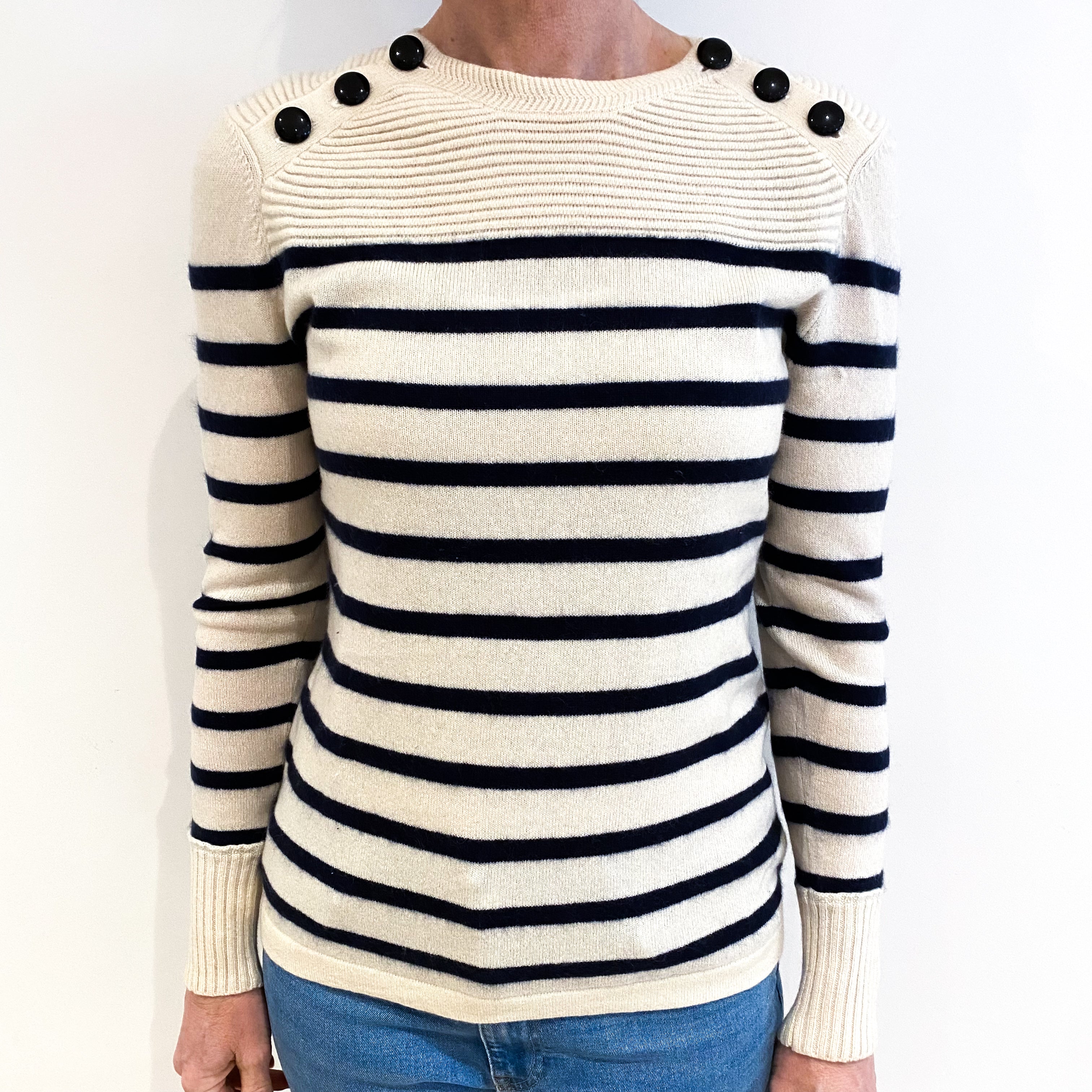 Cream And Navy Stripe Cashmere Crew Neck Jumper Small