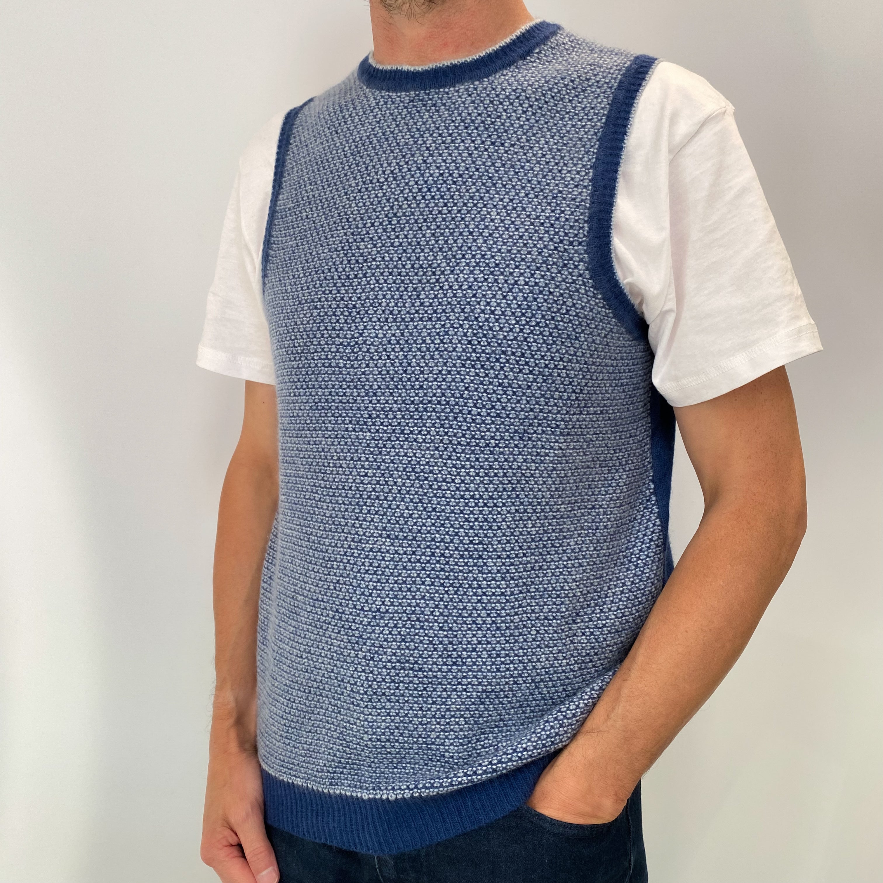 Blue Patterned Men's Cashmere Crew Neck Sleeveless Jumper Small