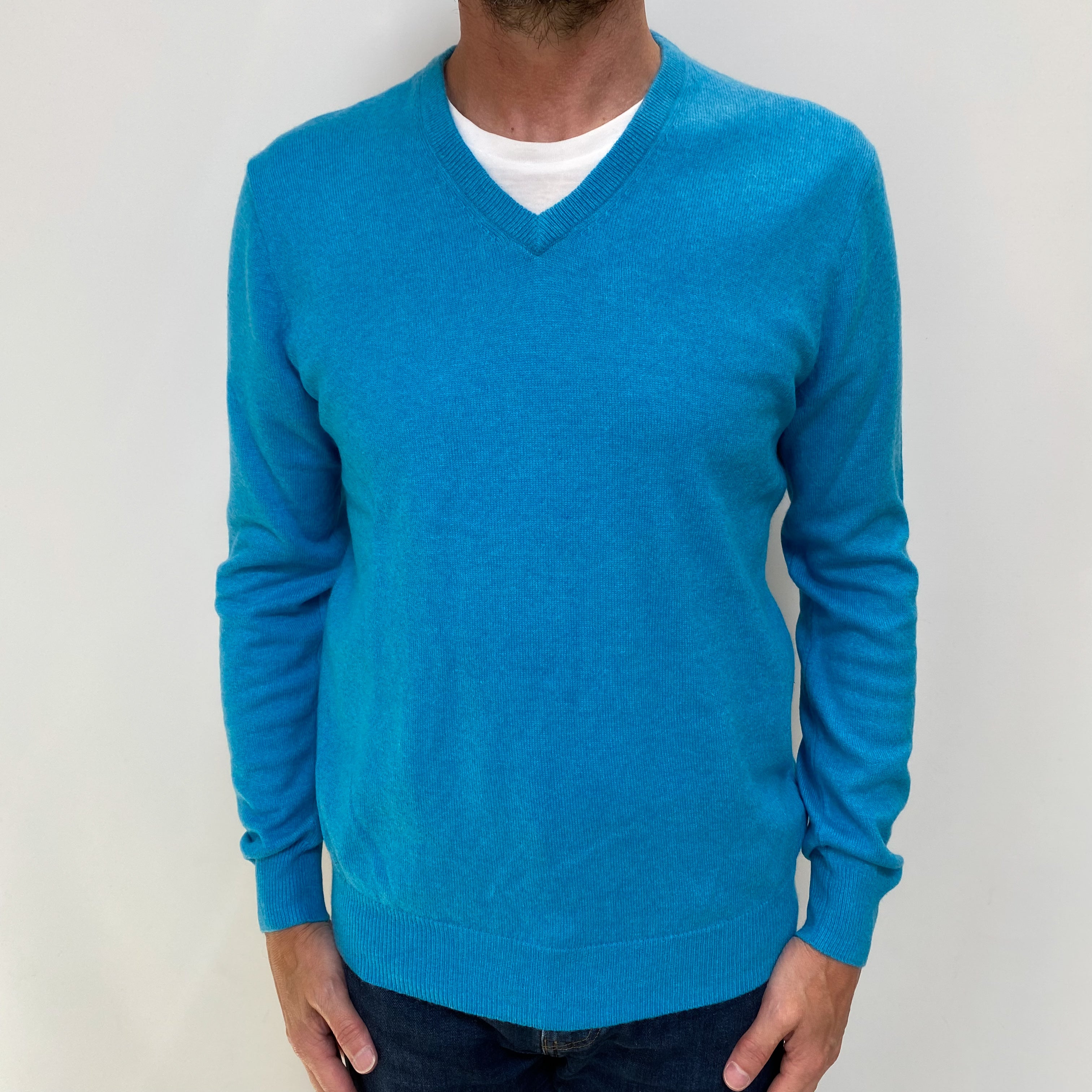 Men's Turquoise Blue Cashmere V Neck Jumper Small