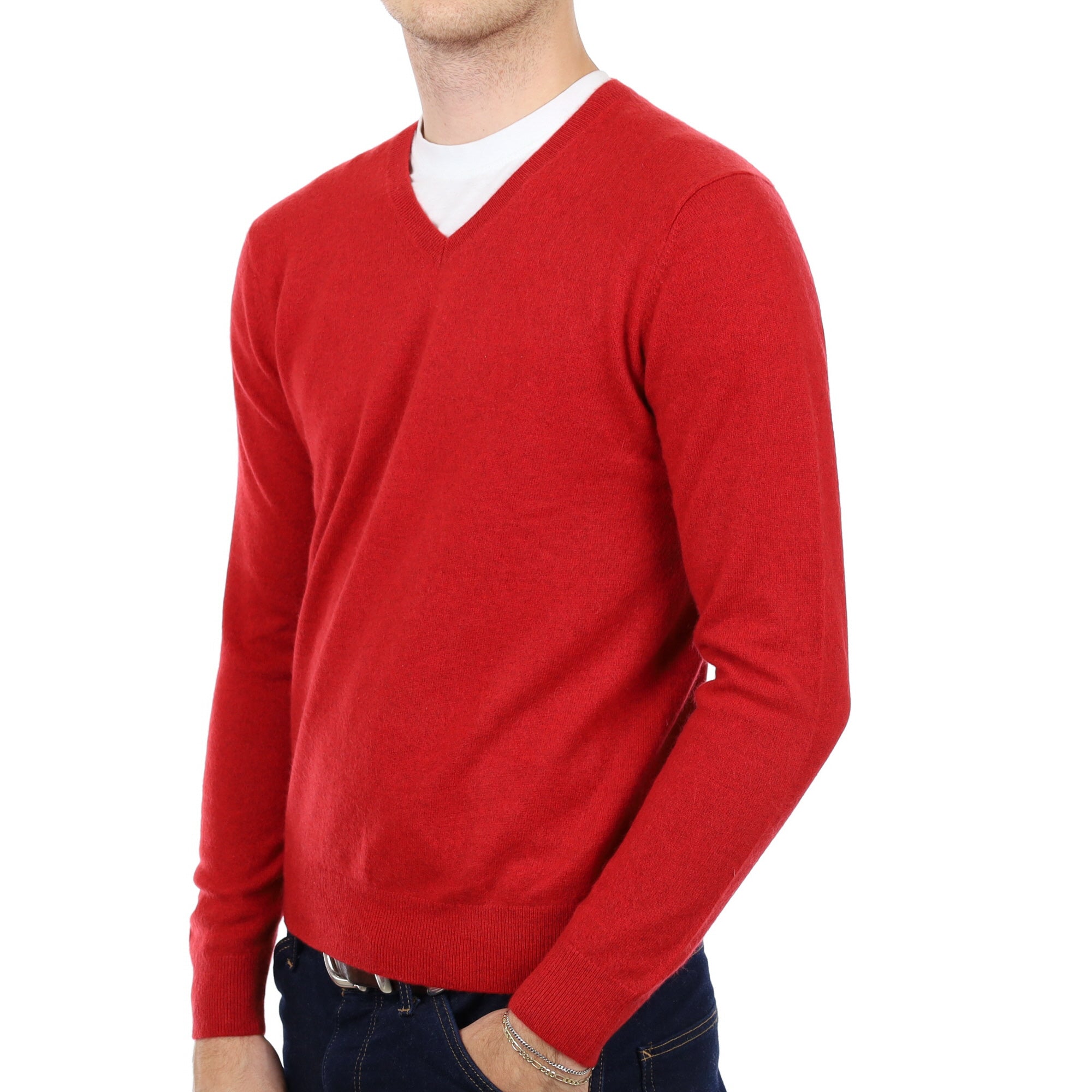 Men's Berry Red Cashmere V Neck Jumper Medium