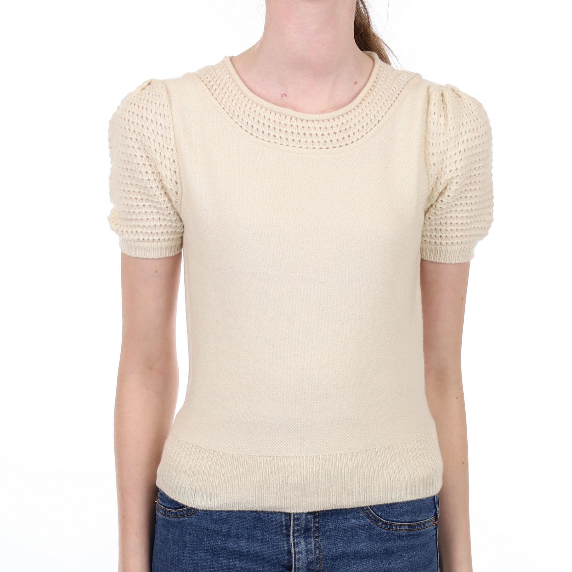 Vanilla Cream Cashmere Crew Neck Short Sleeved Jumper Extra Small