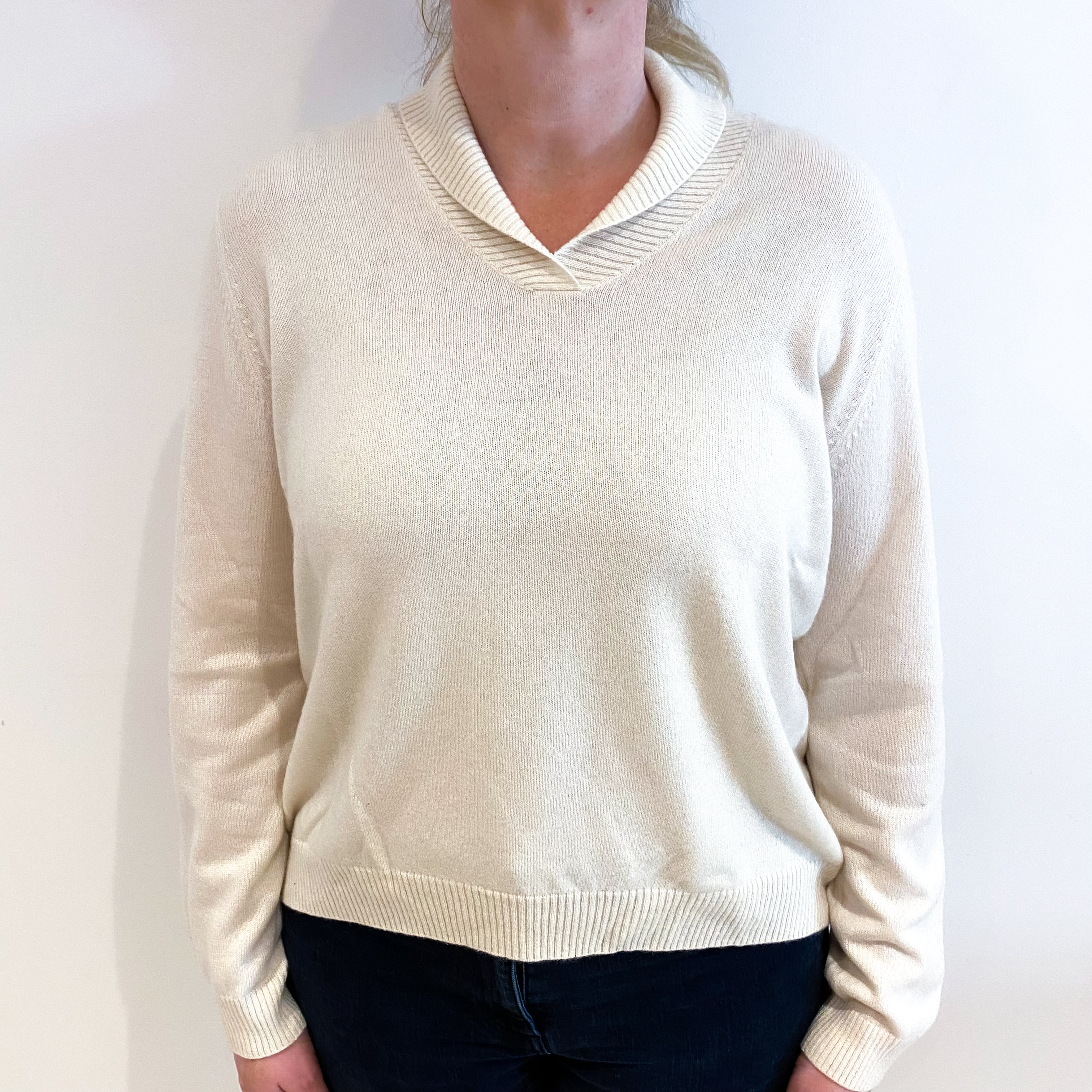 Vanilla Cream Cashmere Shawl Collar Jumper Large